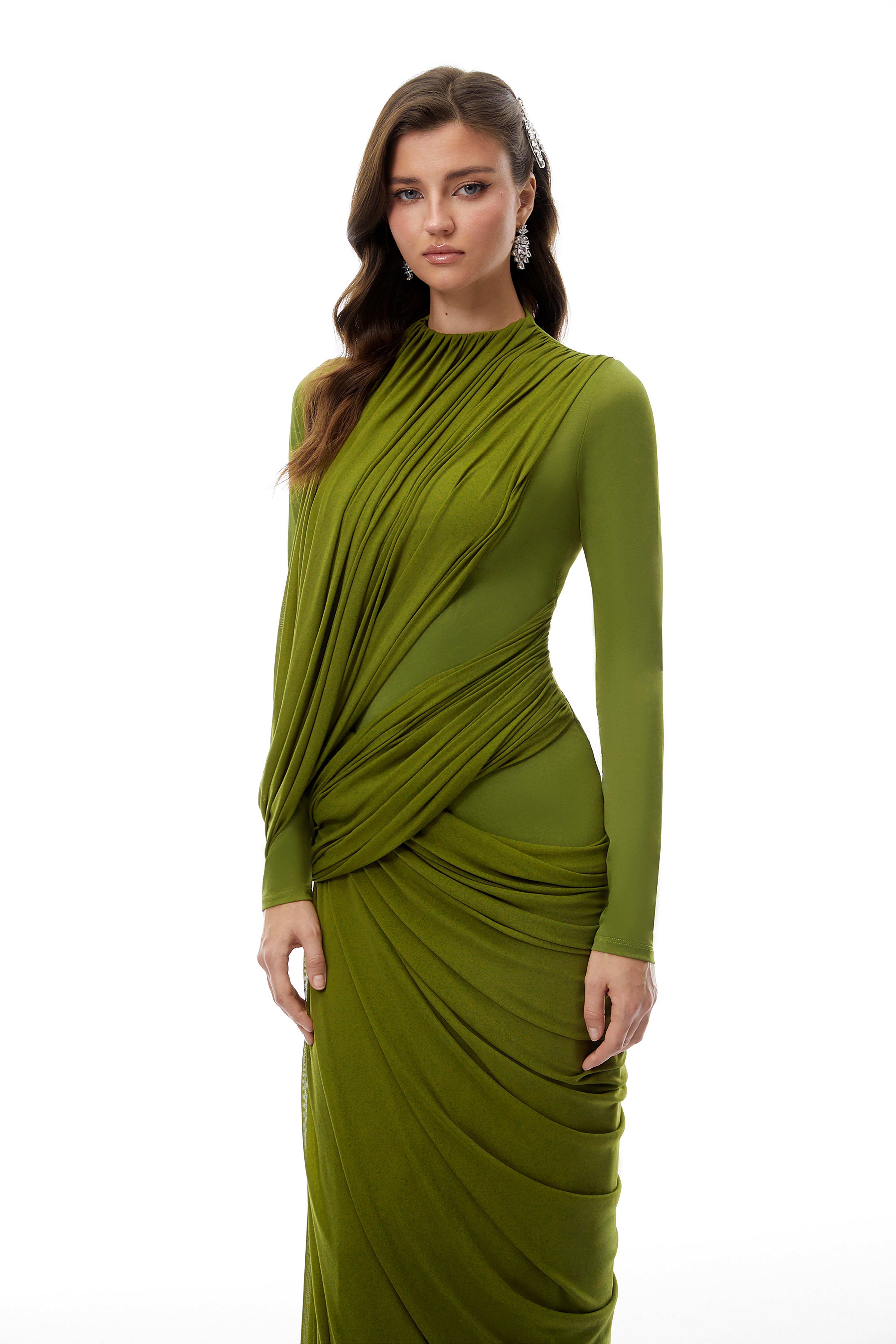 Arlette Green Asymmetrical Ruched Maxi Dress