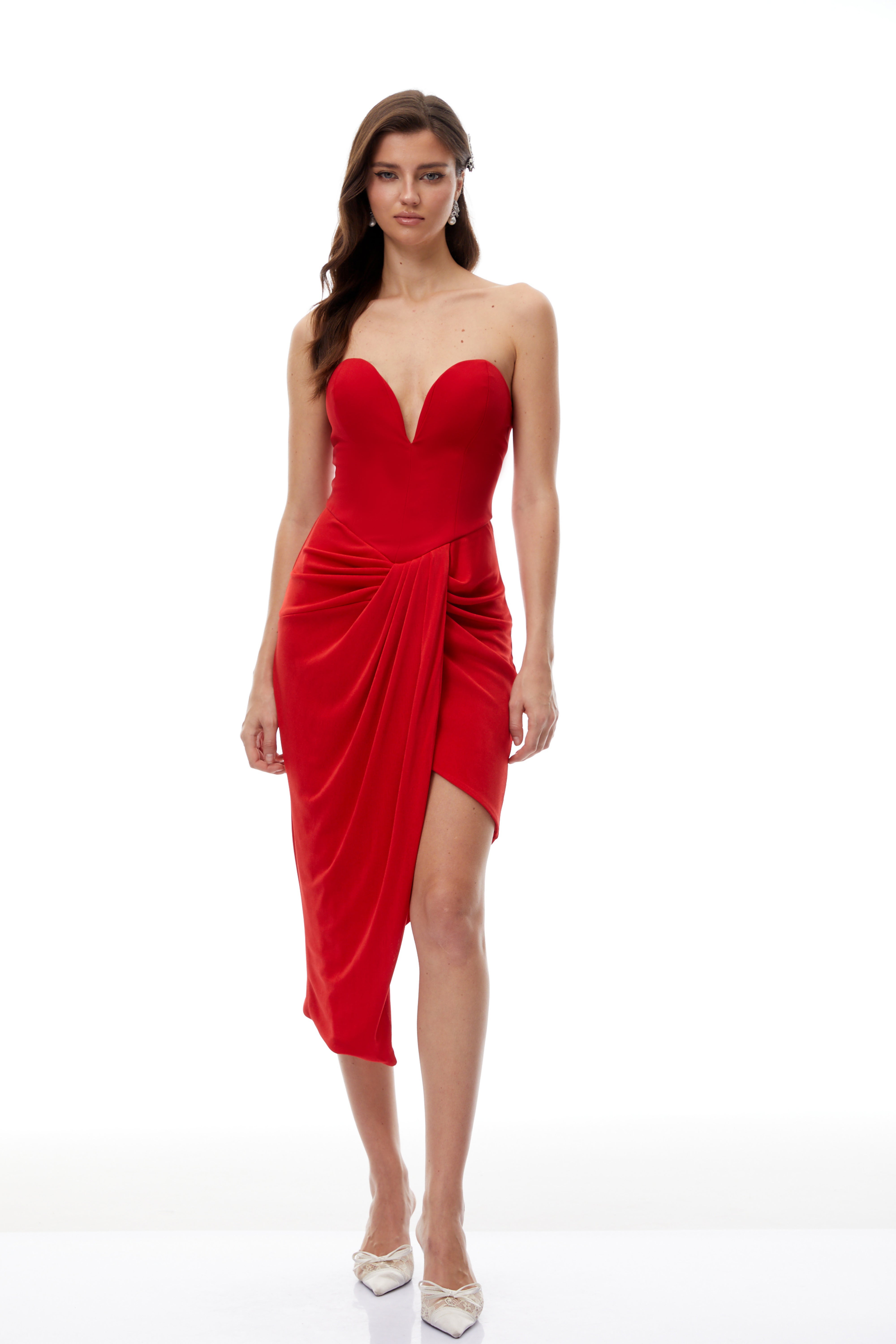Una Red Strapless Gathered Corset Mini Dress