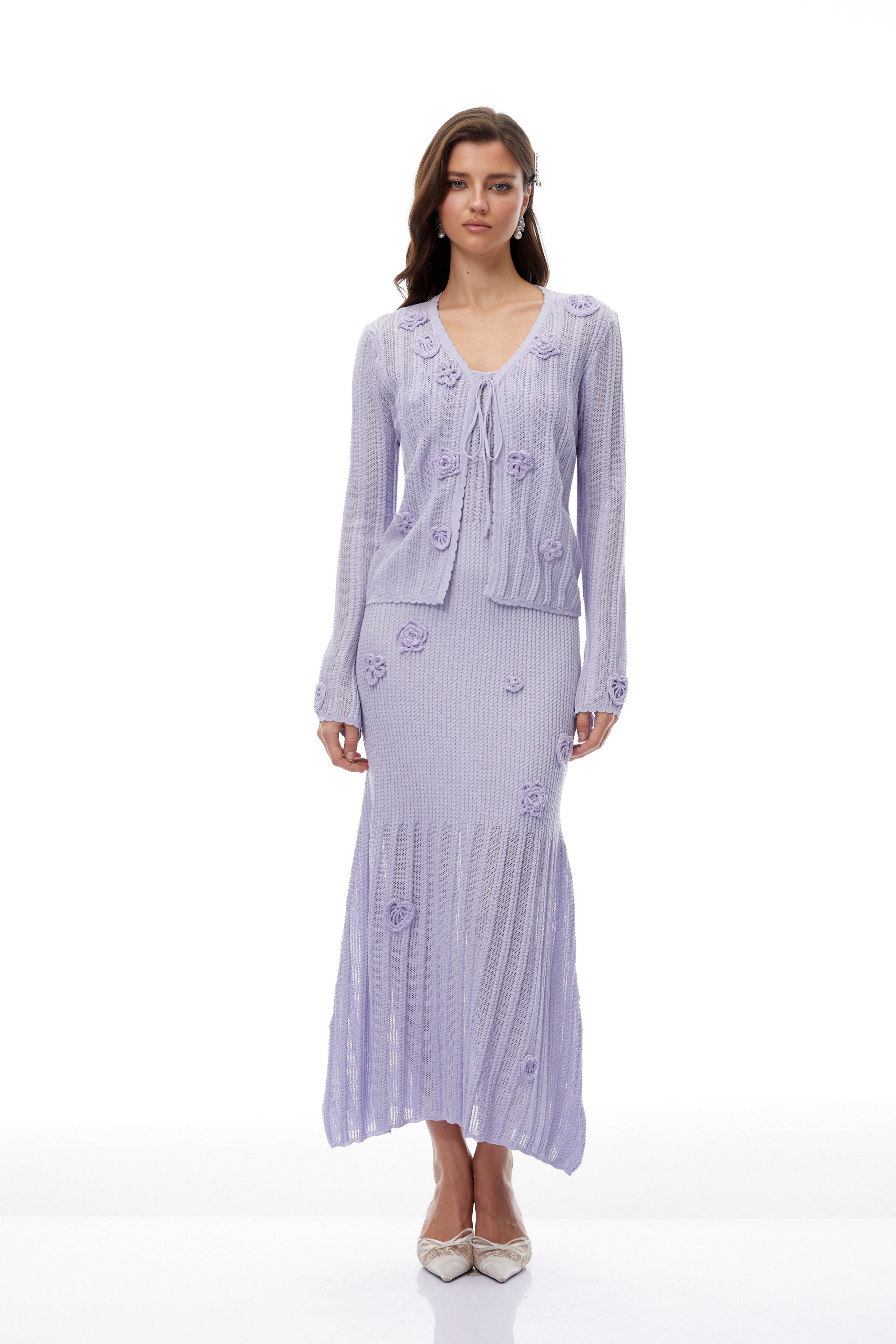 Graca Lavender Floral Ribbed Knit Cardigan & Dress Set