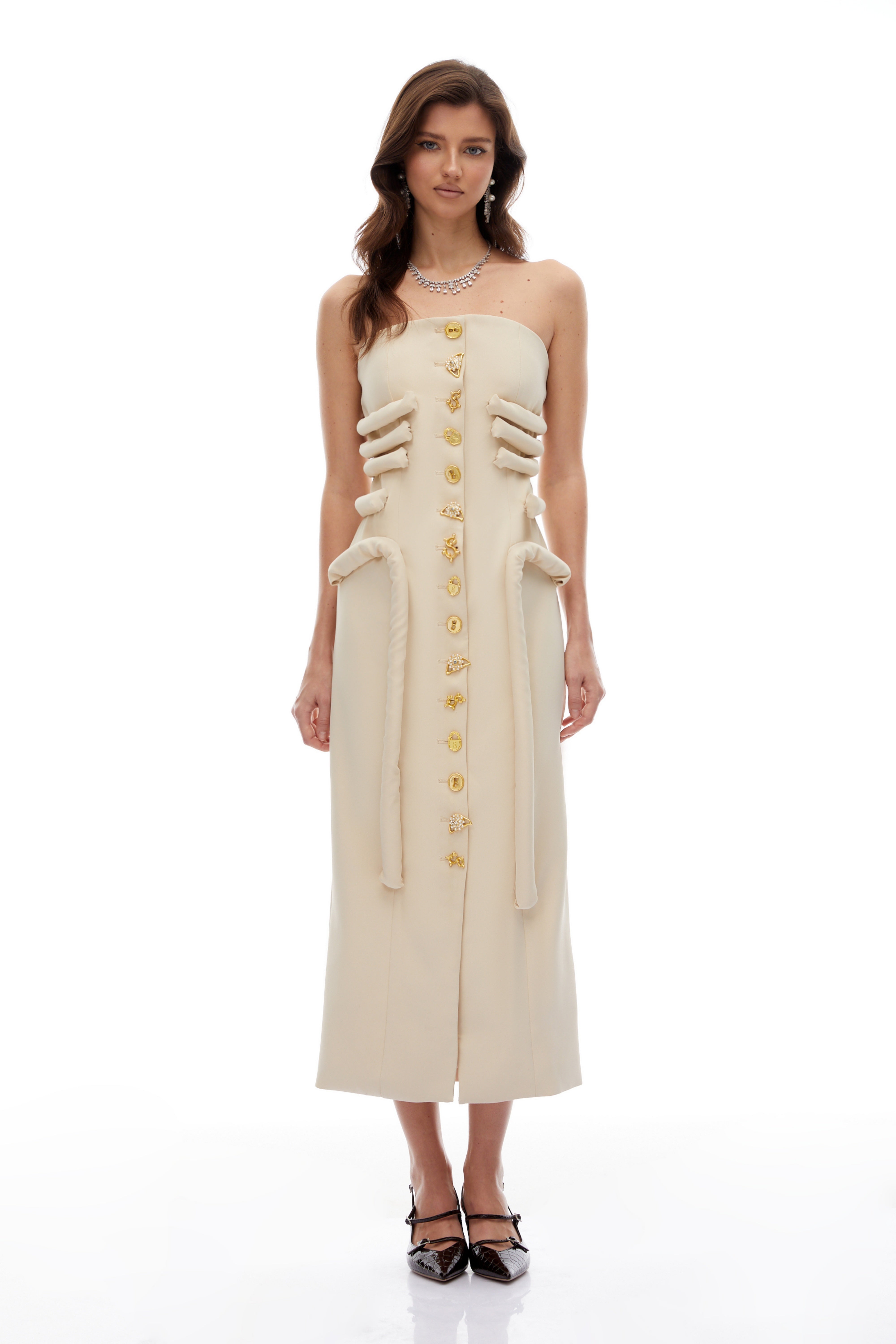 Thera Neutral Strapless Decorative Button Midi Dress