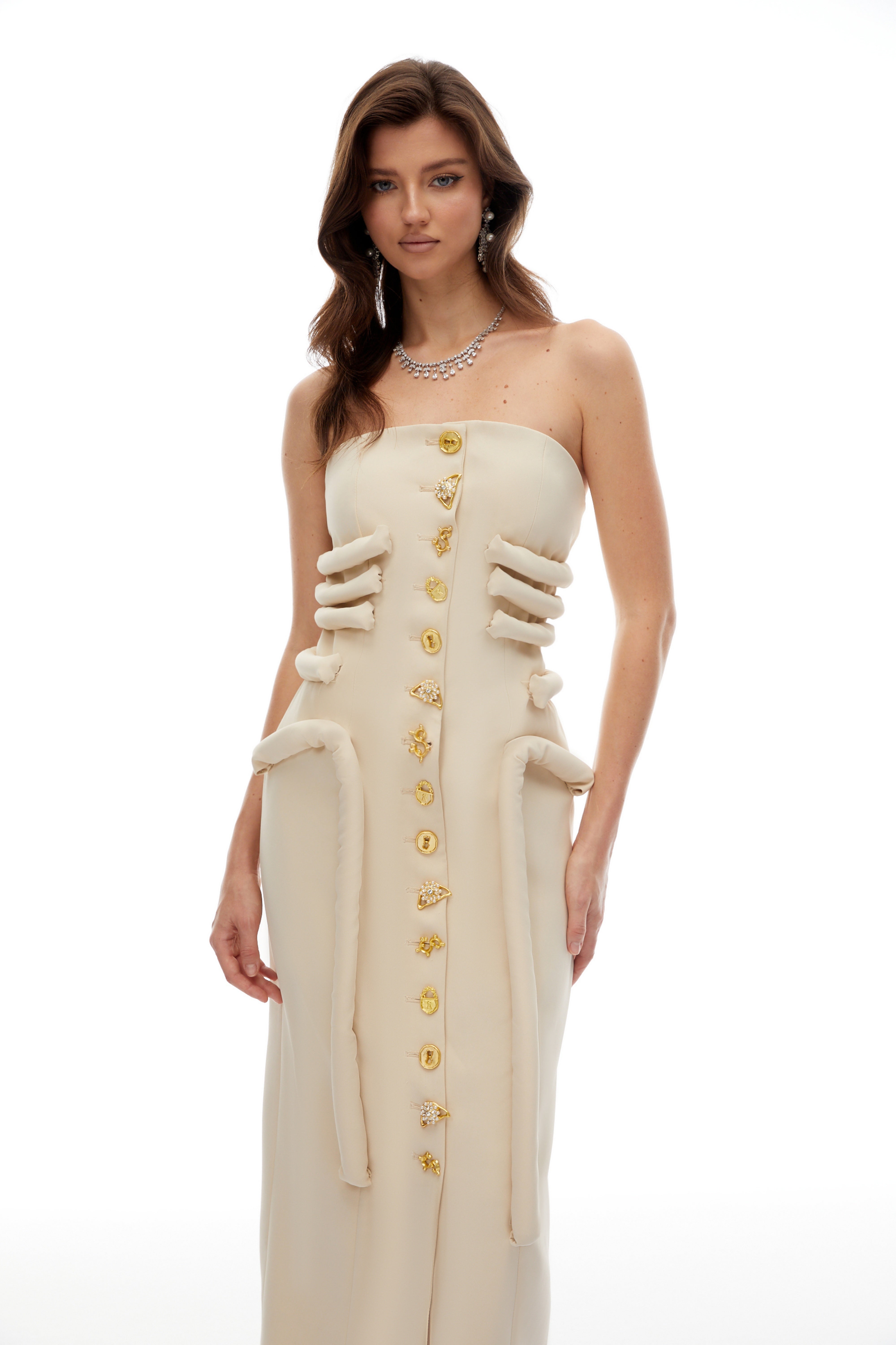 Thera Neutral Strapless Decorative Button Midi Dress