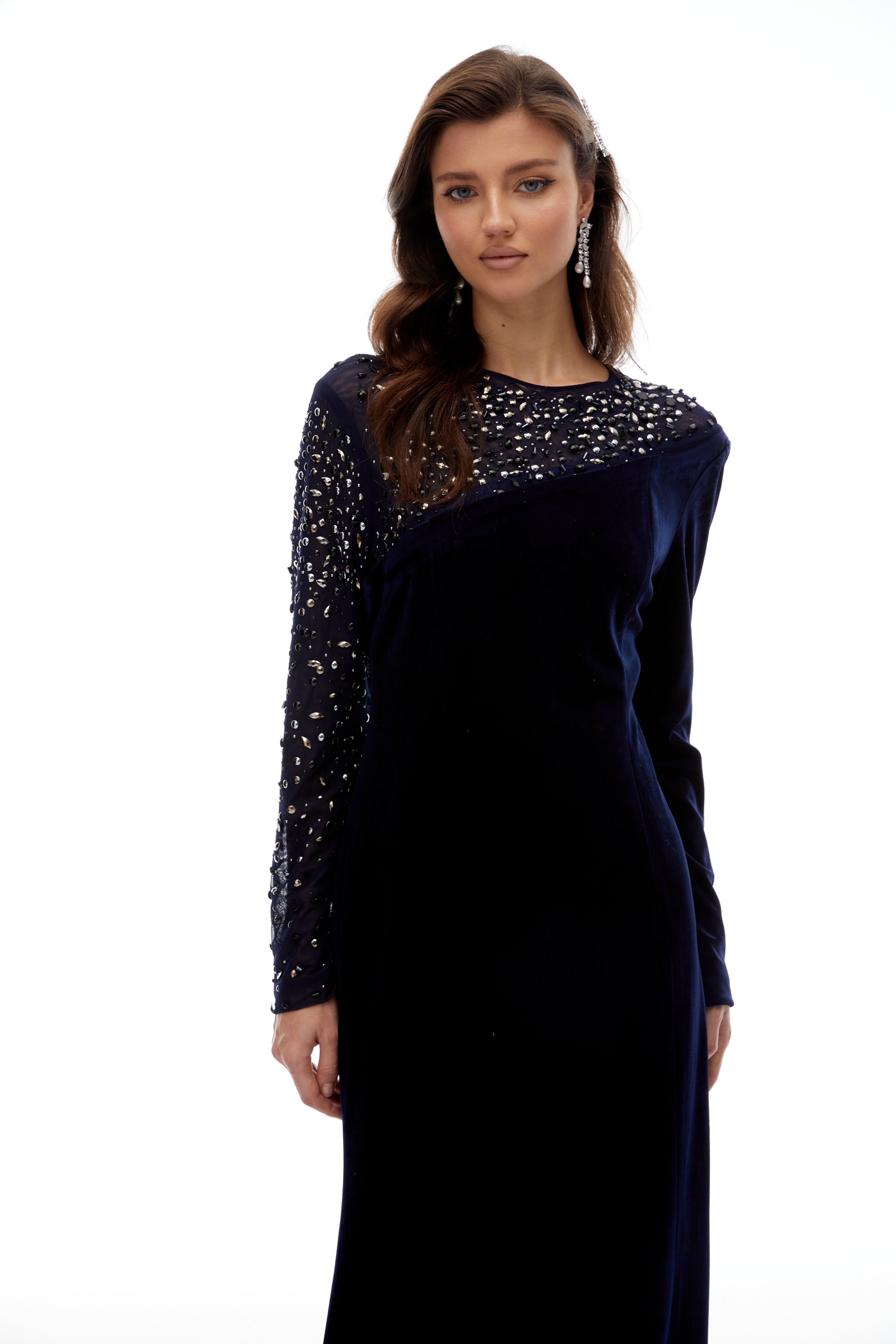 Rosmarinblaues, verziertes Samt-Maxikleid