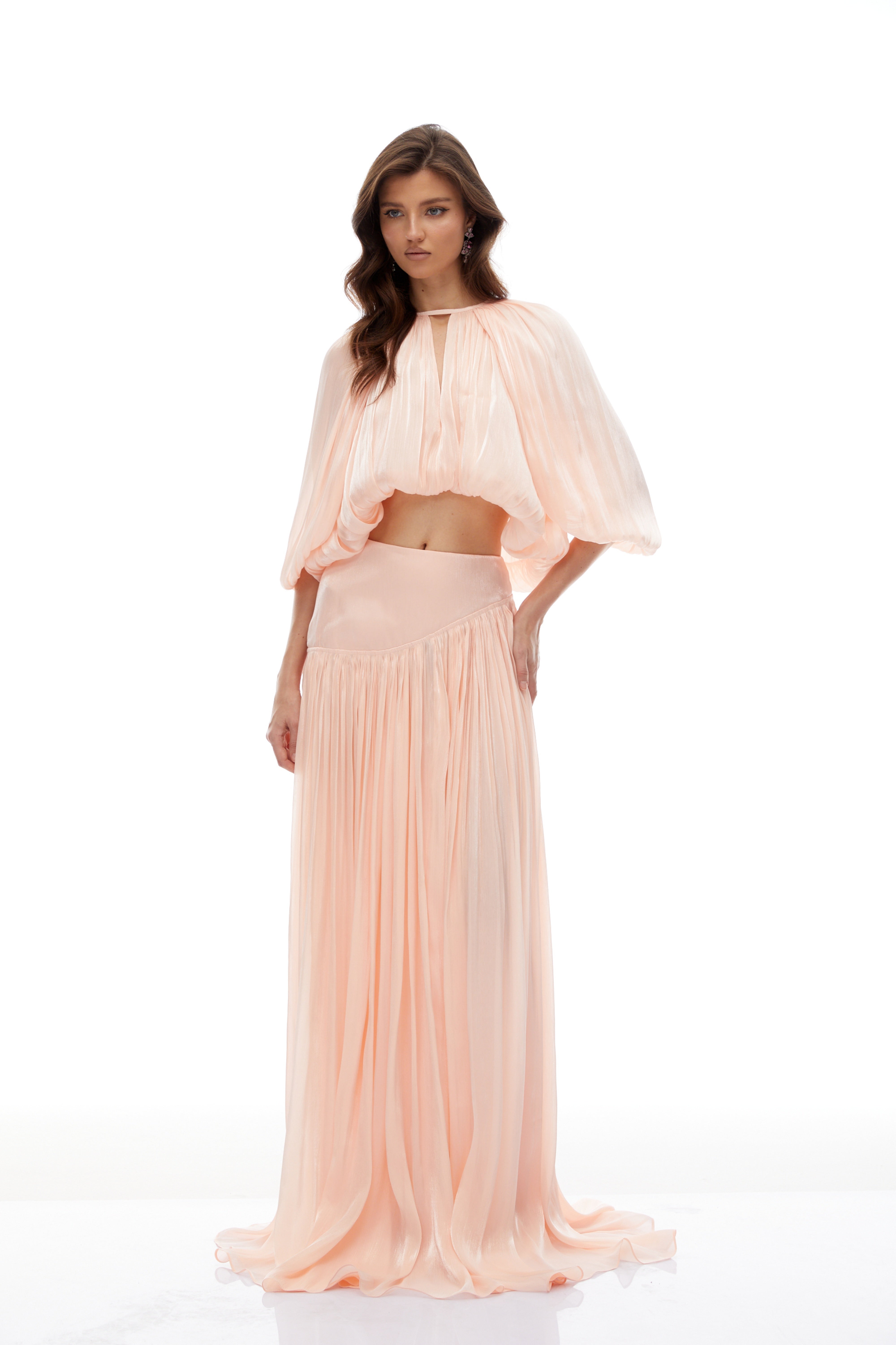 Mélodie Pink Pleated Glossy Top & Skirt Set