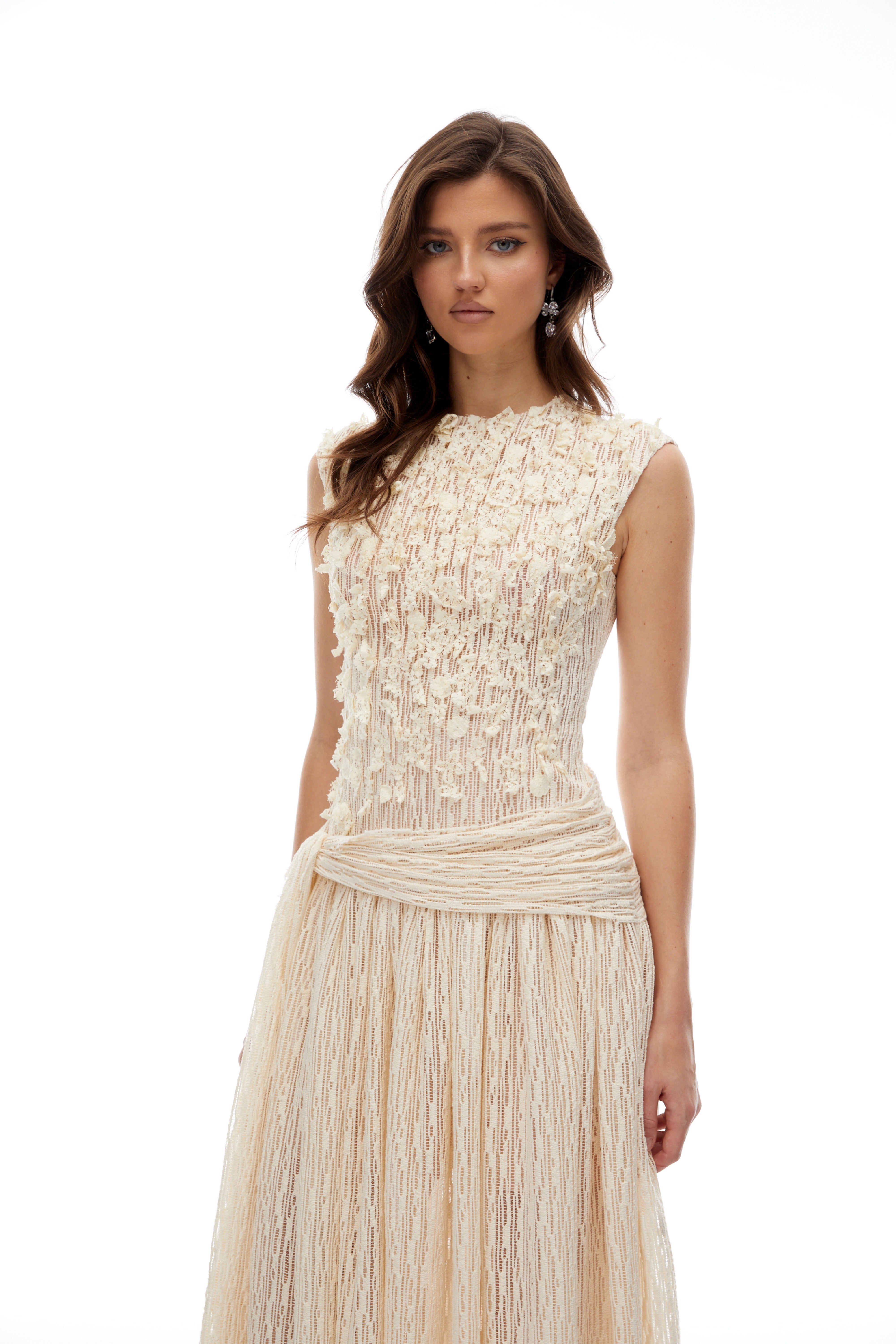 Cynthia Neutrals 3D Petal Textured Midi Dress