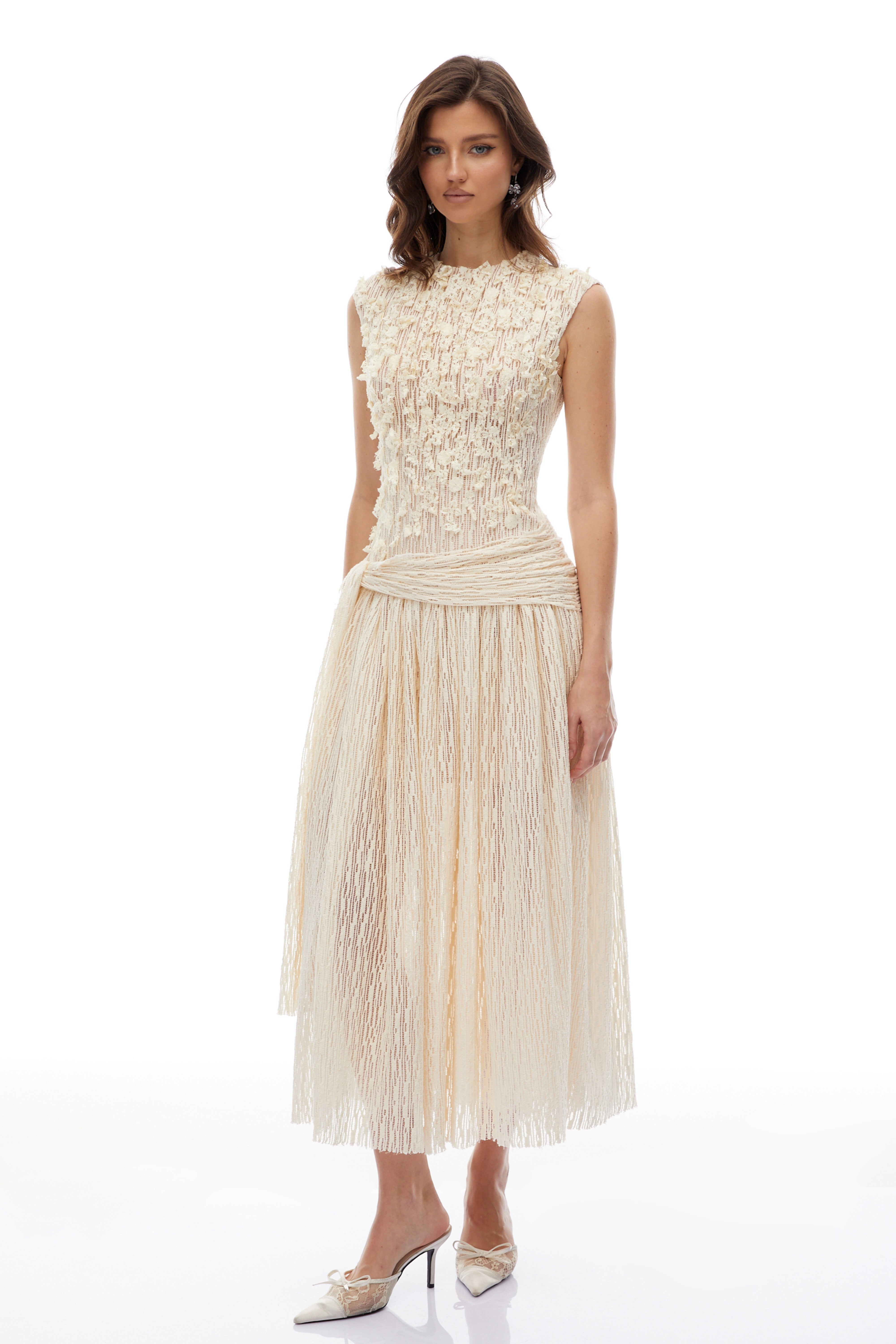 Cynthia Neutrals 3D Petal Textured Midi Dress