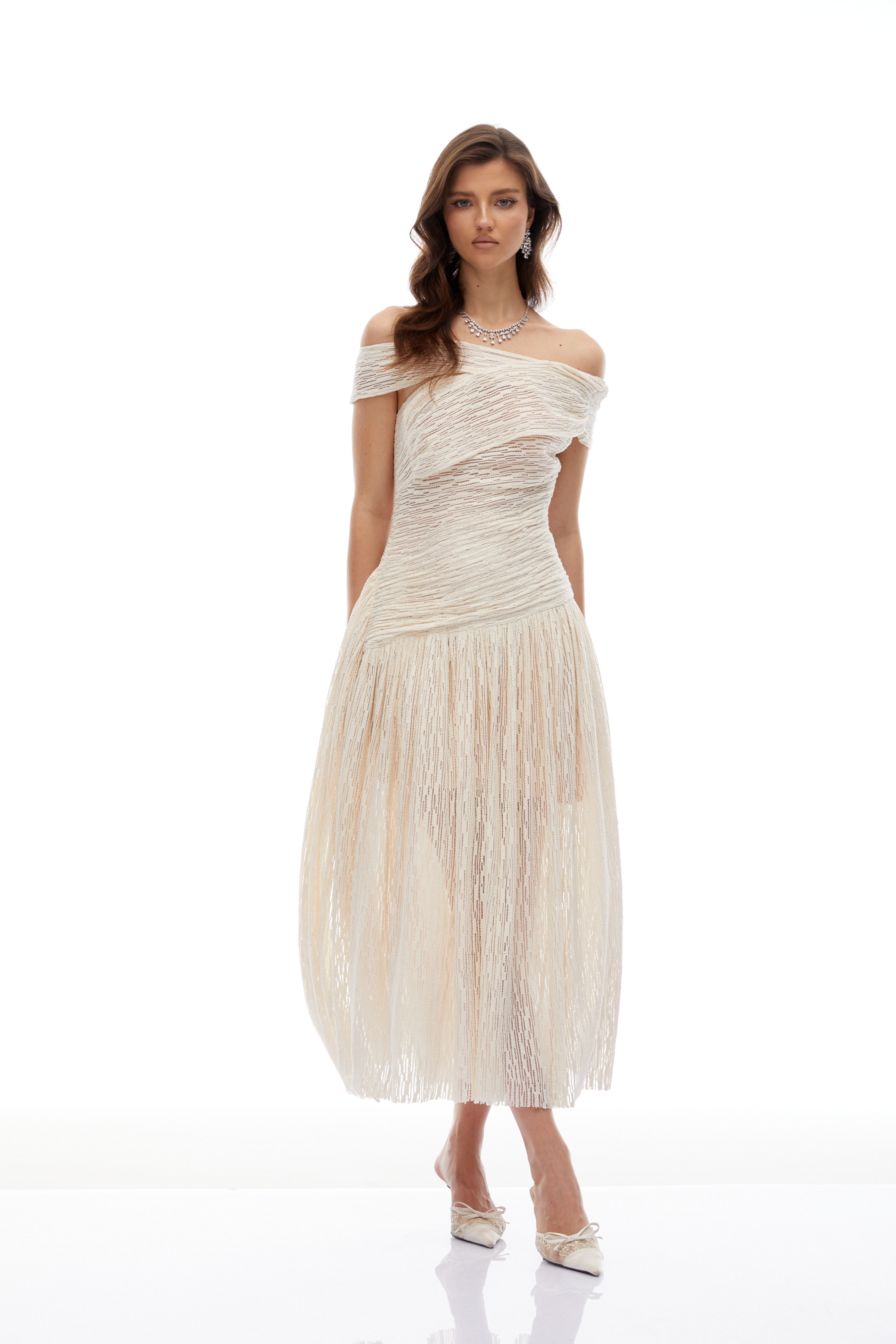 Thale Neutral Asymmetrical Textured Ruched Midi Dress