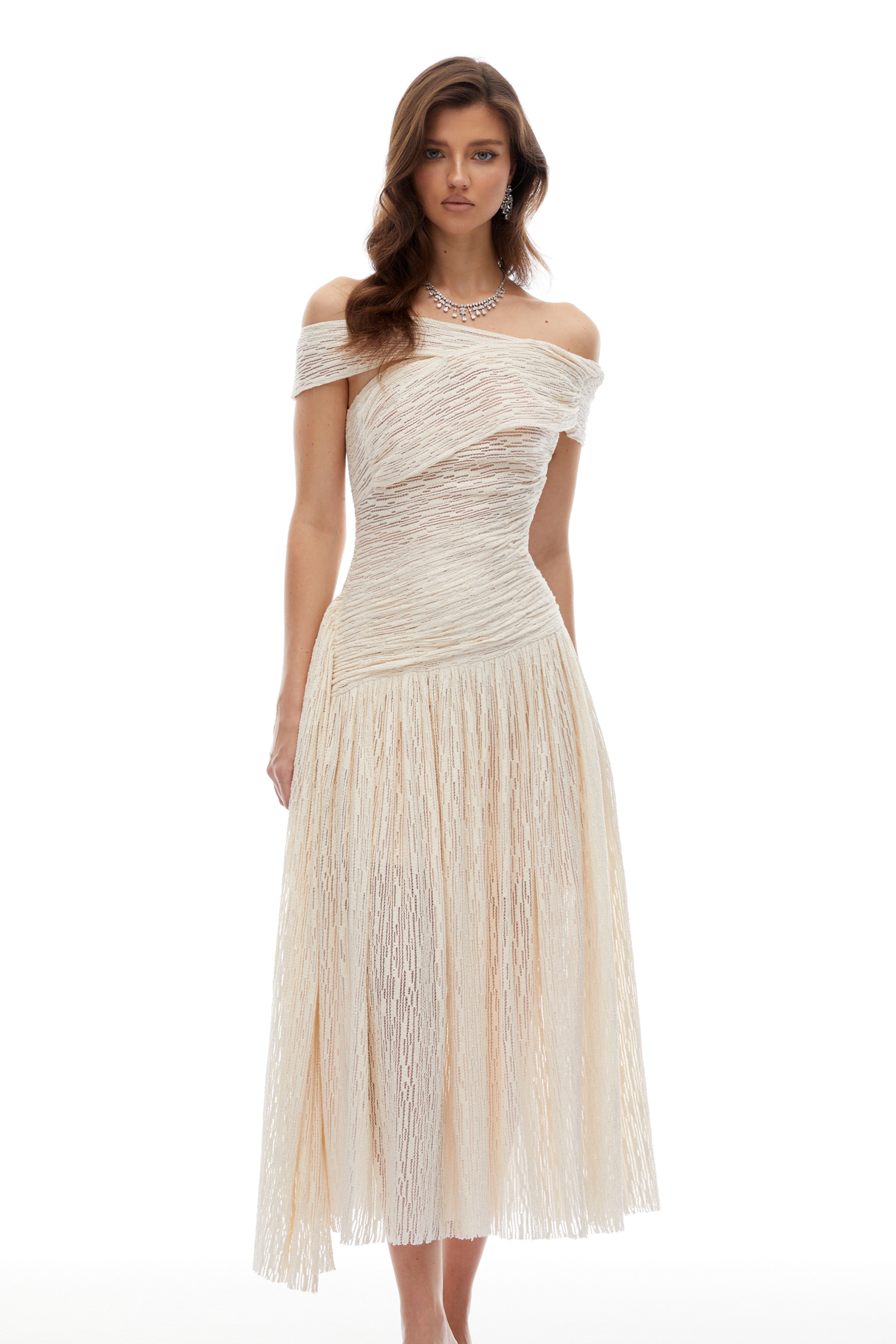 Thale Neutral Asymmetrical Textured Ruched Midi Dress