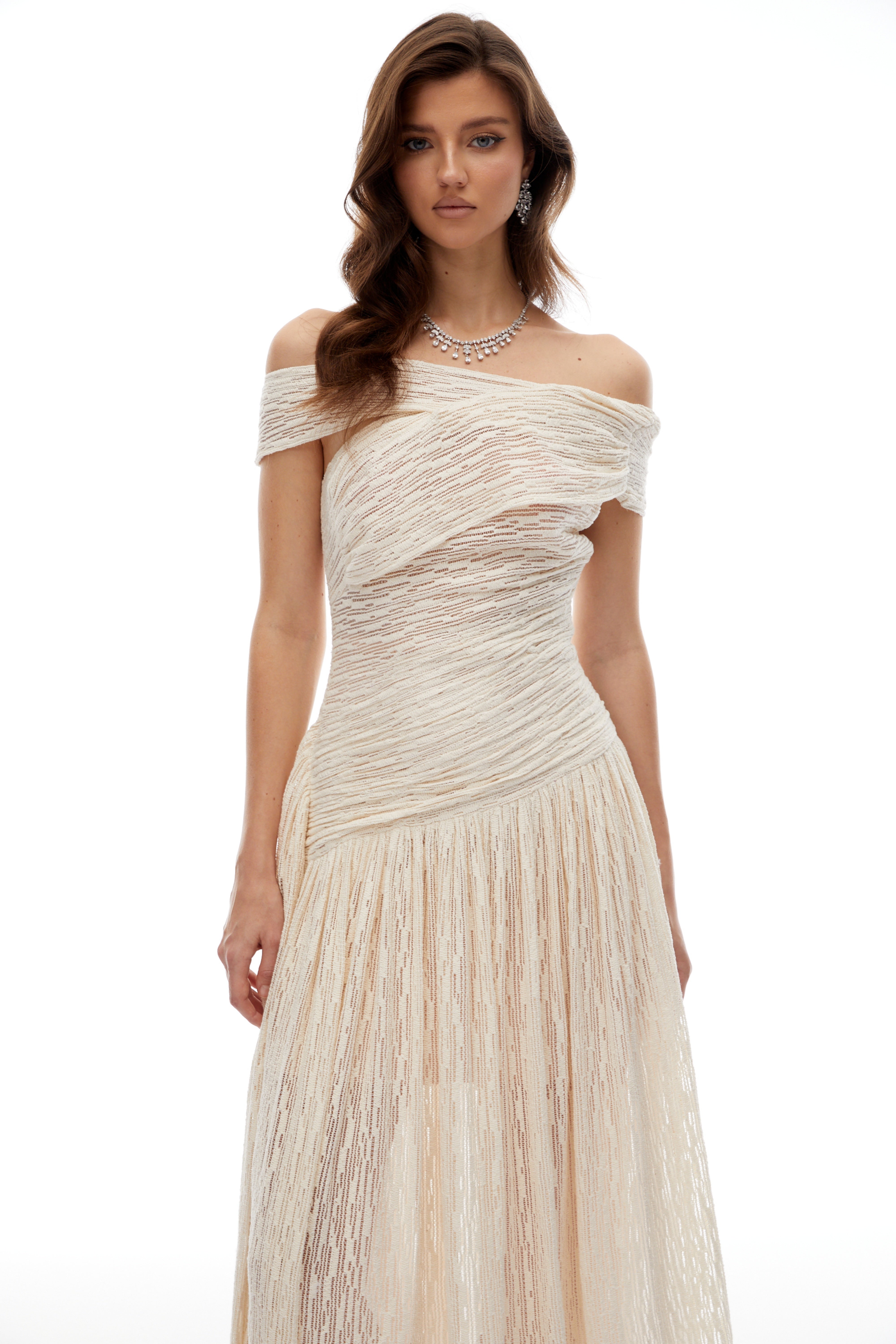 Thale Neutral Asymmetrical Textured Ruched Midi Dress