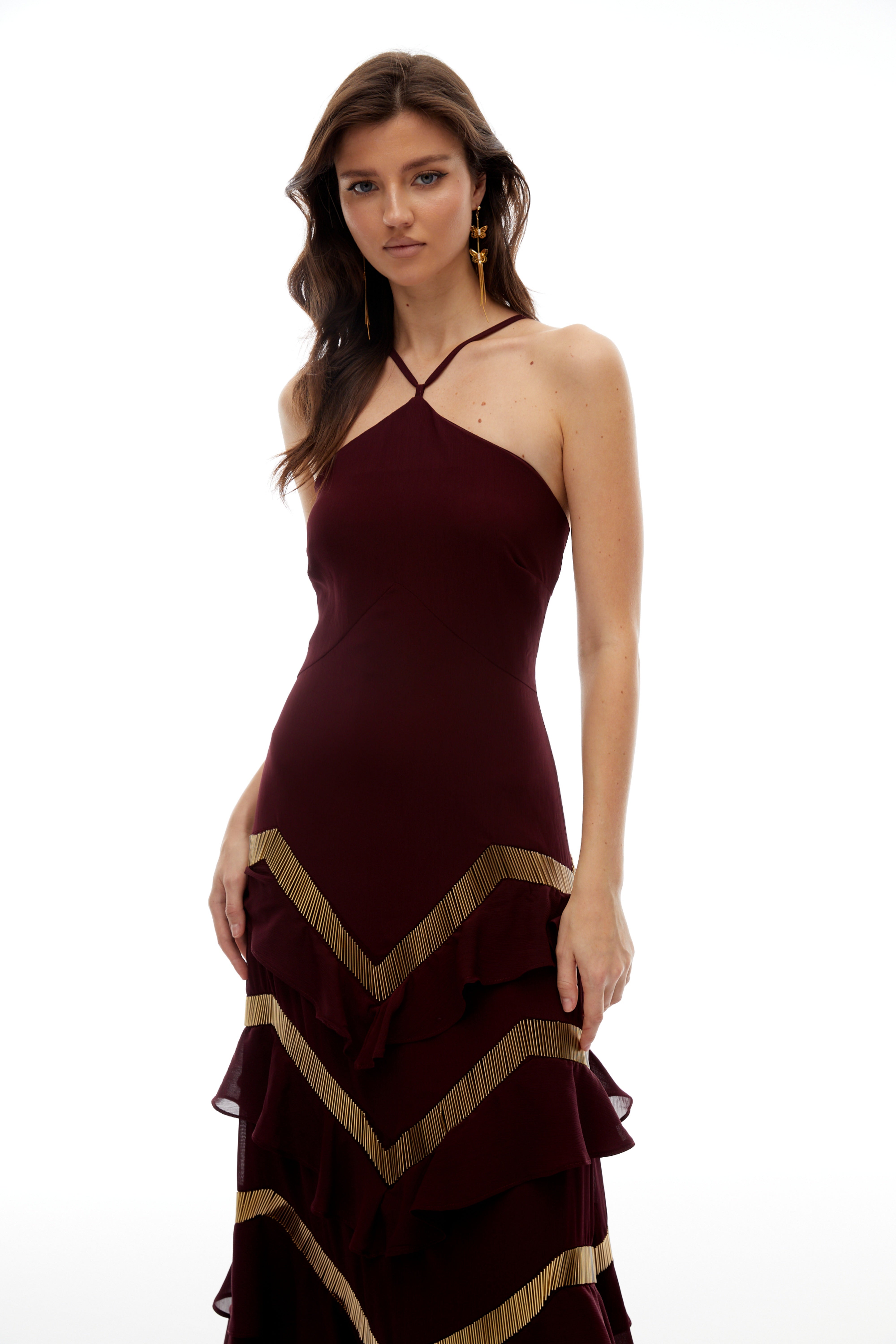 Zénaïde Burgundy Halterneck Ruffled Tiered Maxi Dress