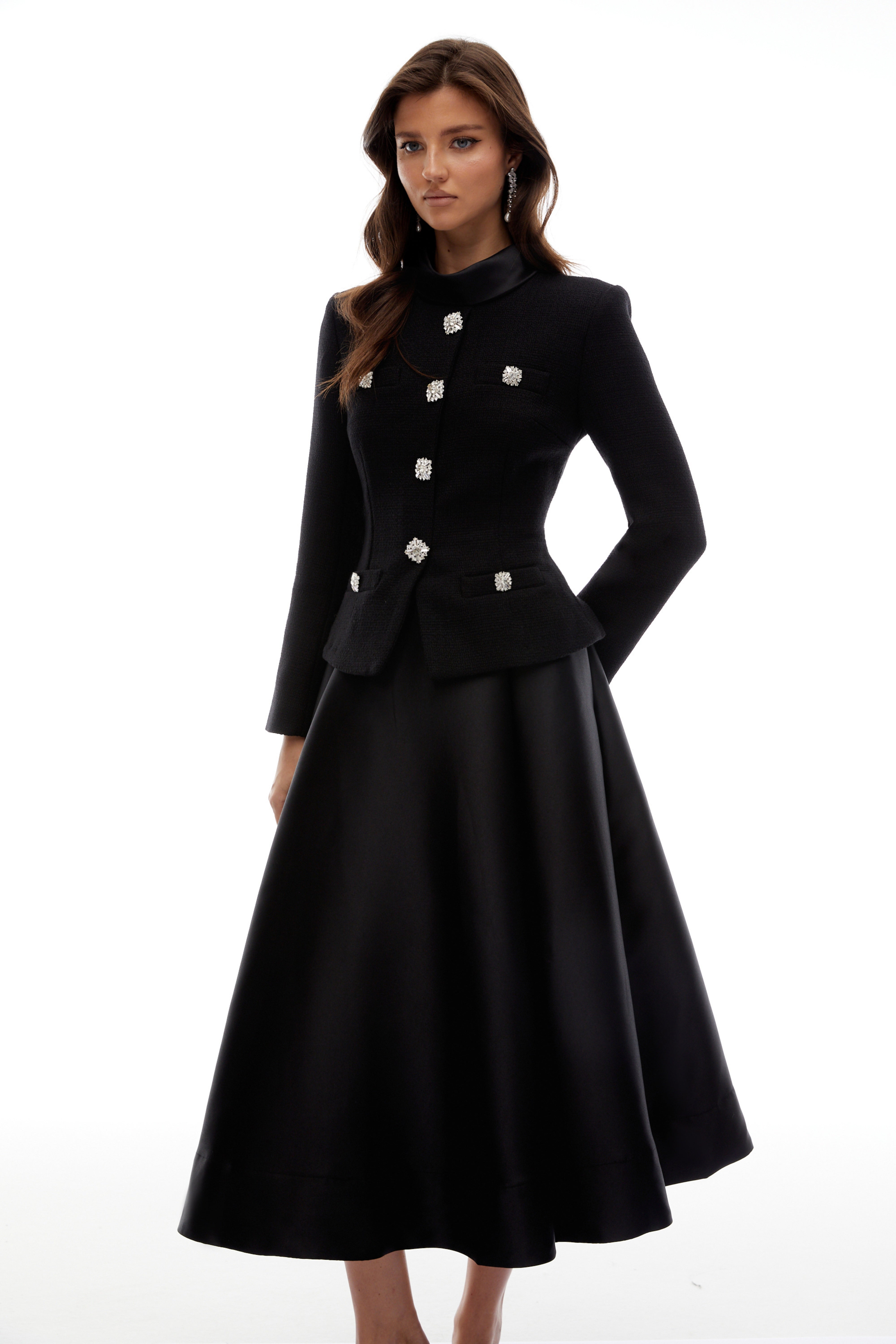 Lorelei Schwarzes Tweed-Midikleid mit hohem Kragen