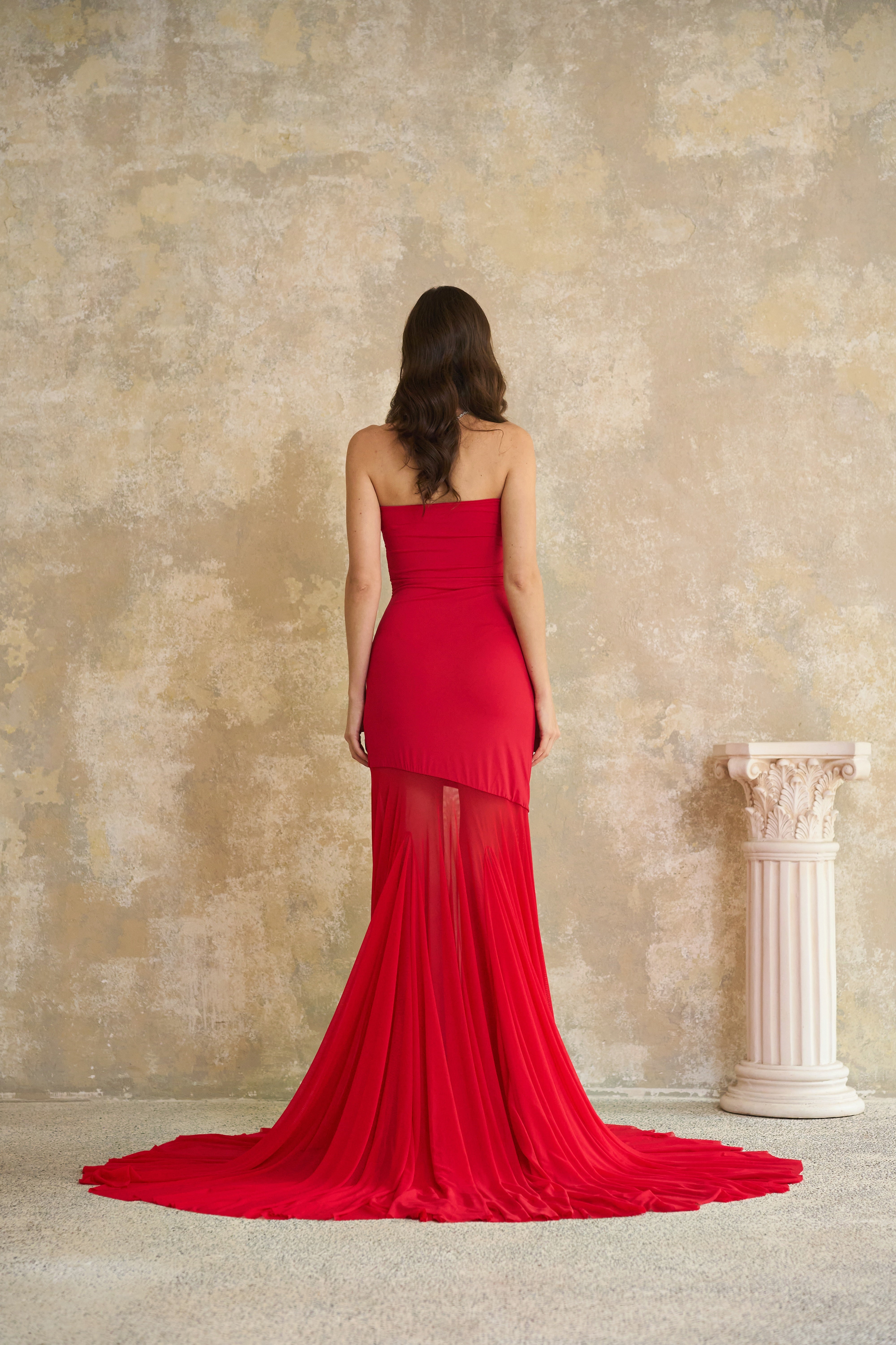 Josiane Red Off-shoulder Sheer Tulle Maxi Dress
