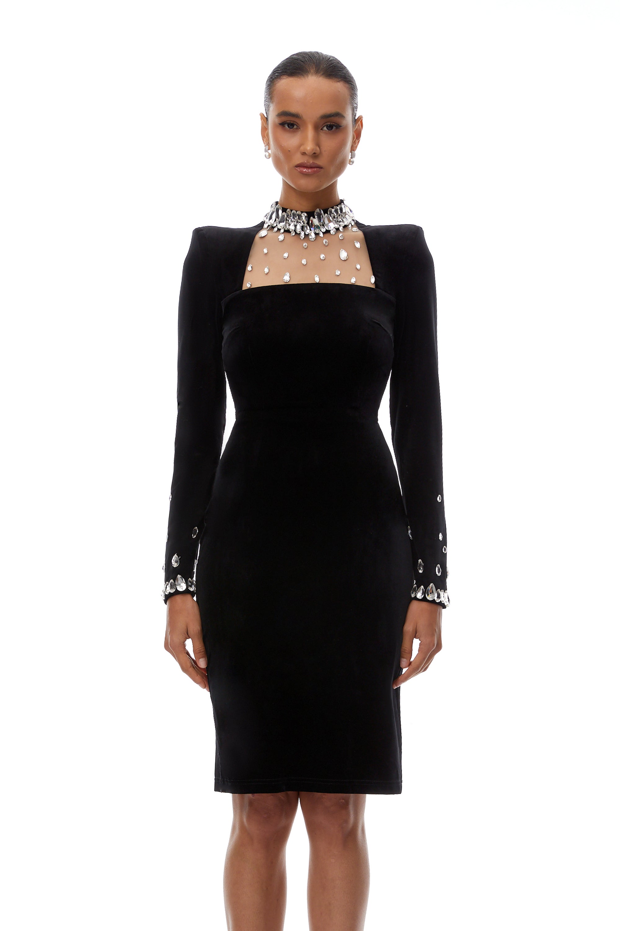 فستان ديدري الأسود المخملي المزين بالكريستال