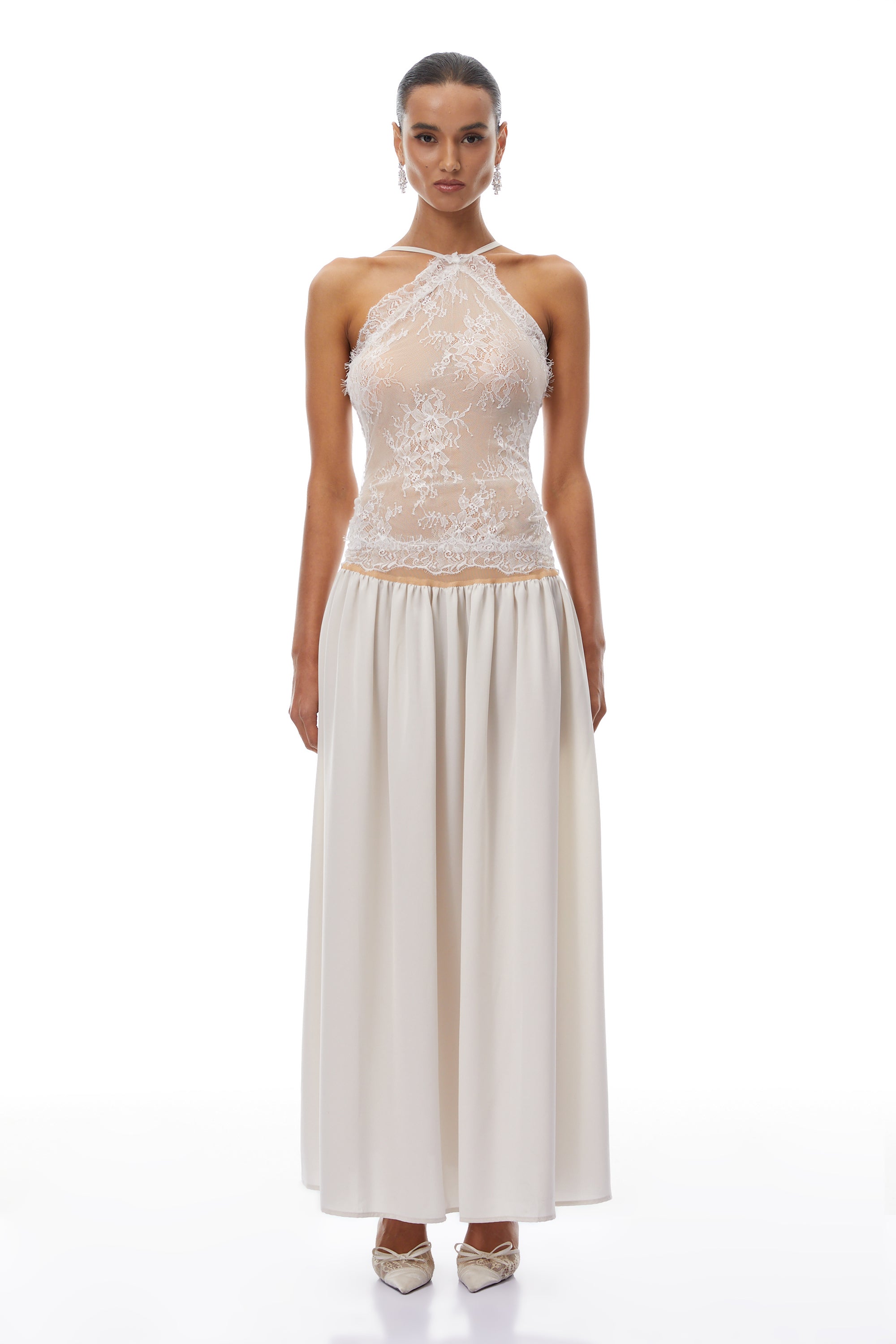 Reine Weißes Plissee-Maxikleid mit Spitzeneinsätzen