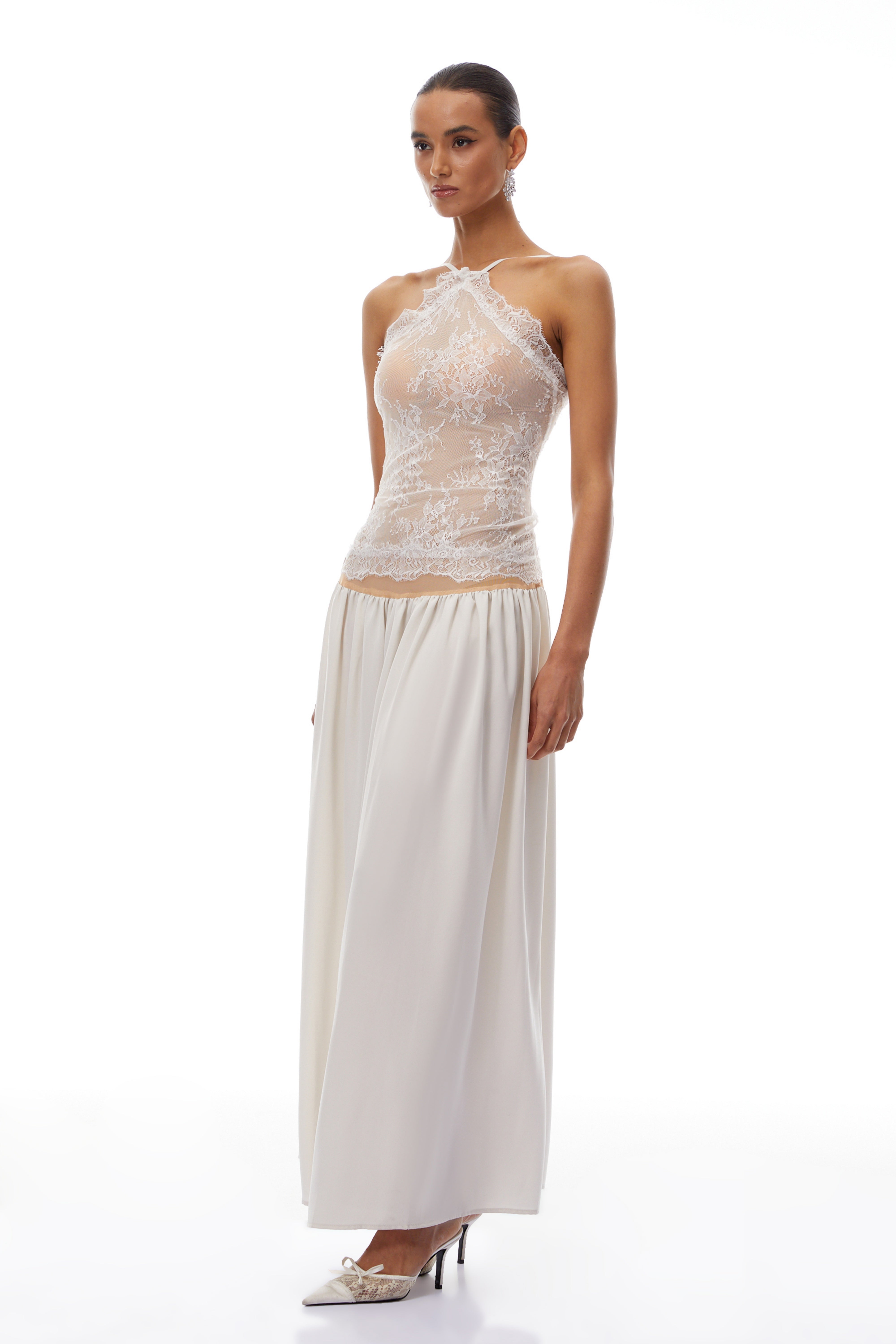 Reine Weißes Plissee-Maxikleid mit Spitzeneinsätzen