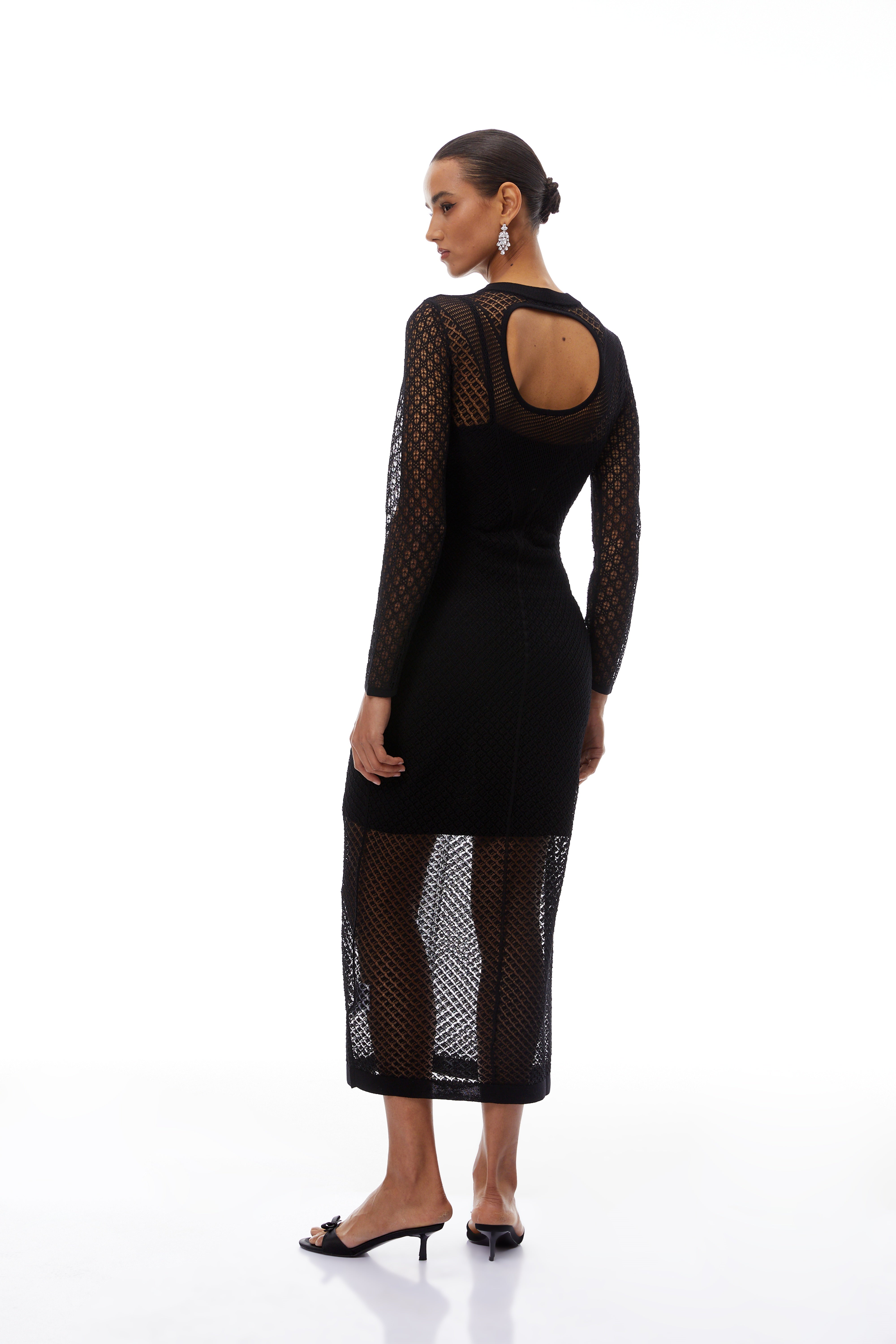 Clover Black Cut-out Design Crochet Knit Midi Dress