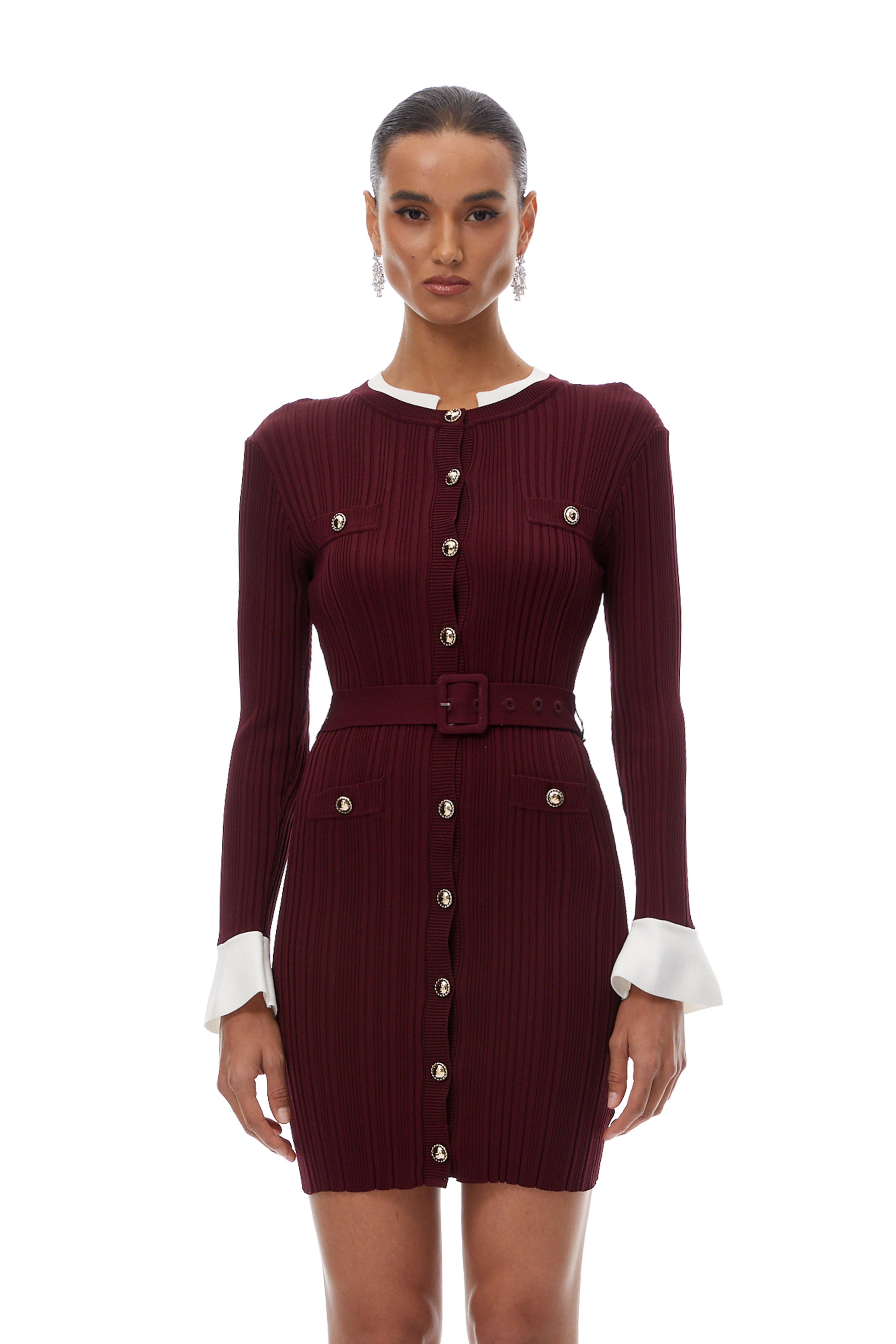 Adèle Red Belted Waist Knitted Mini Dress