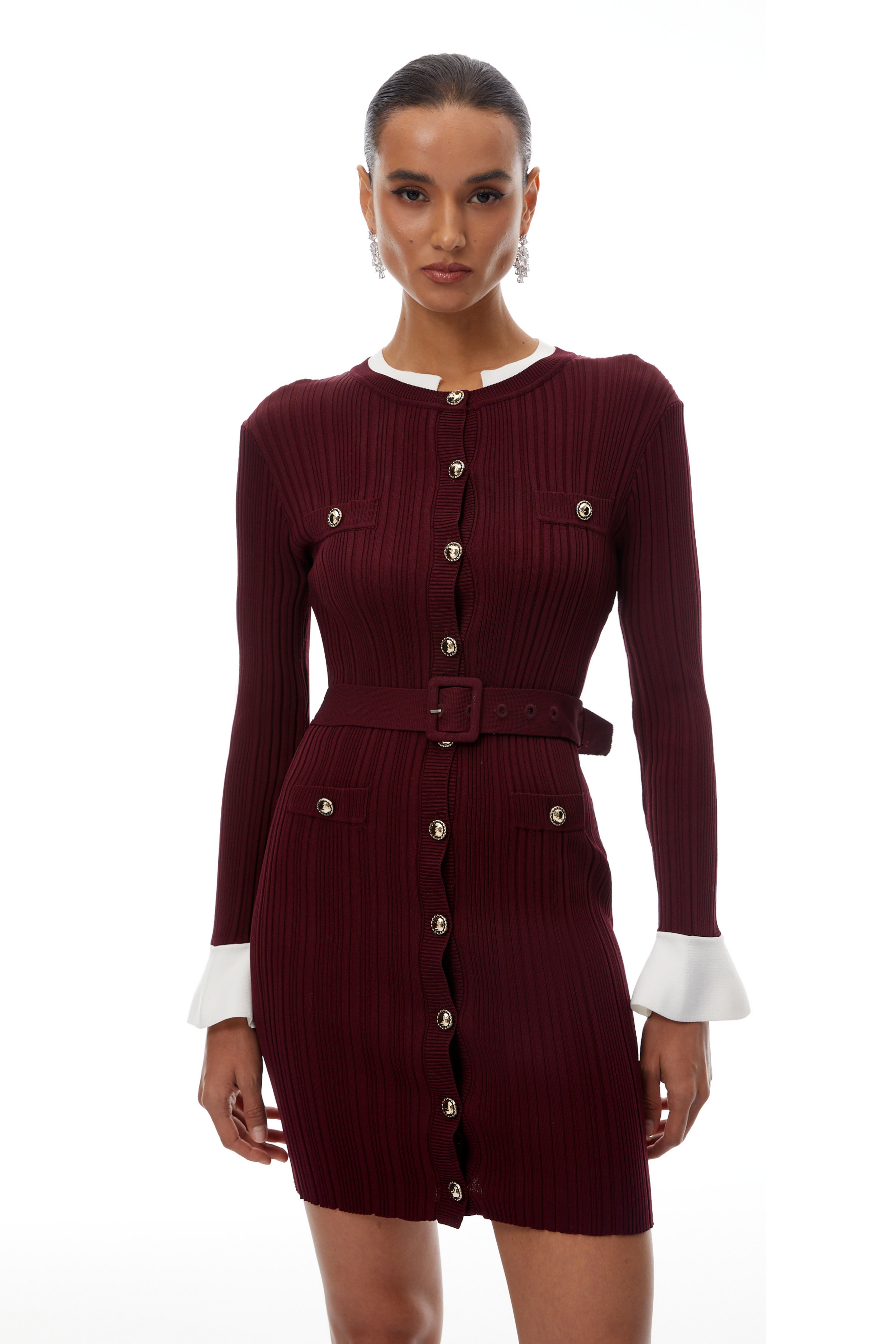 Adèle Red Belted Waist Knitted Mini Dress