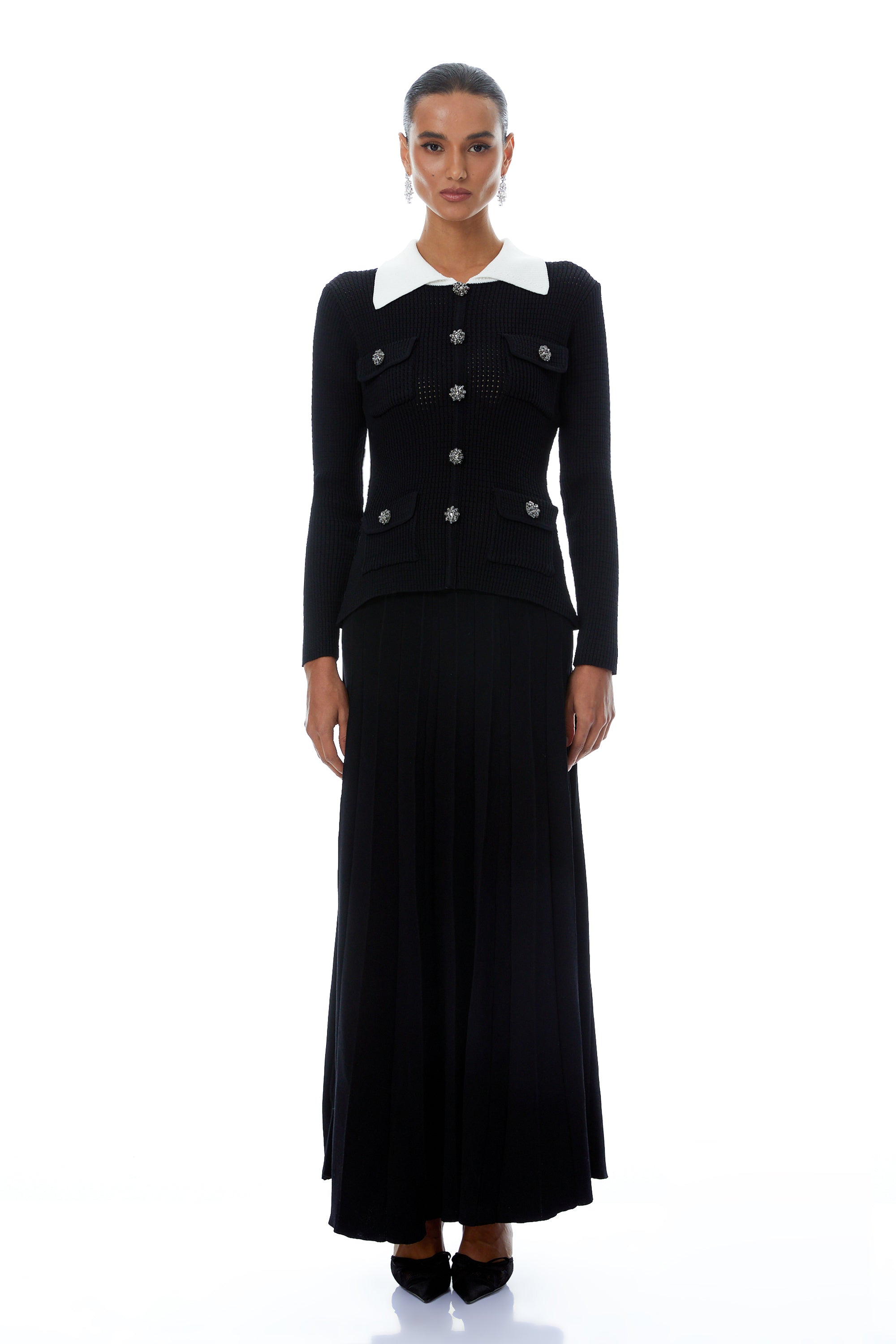 Esmée Black Embellished Pleated Knit Maxi Dress