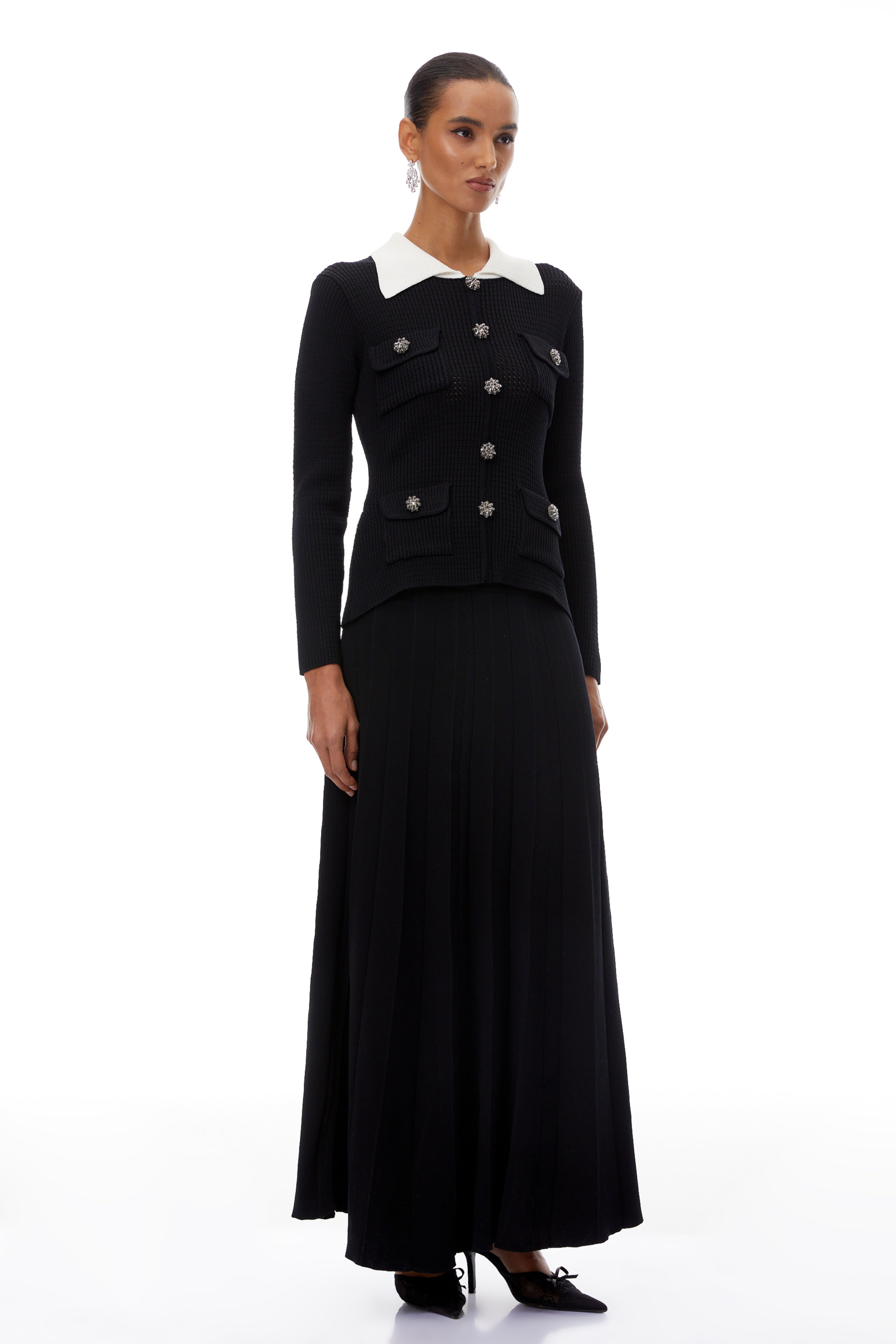 Esmée Black Embellished Pleated Knit Maxi Dress