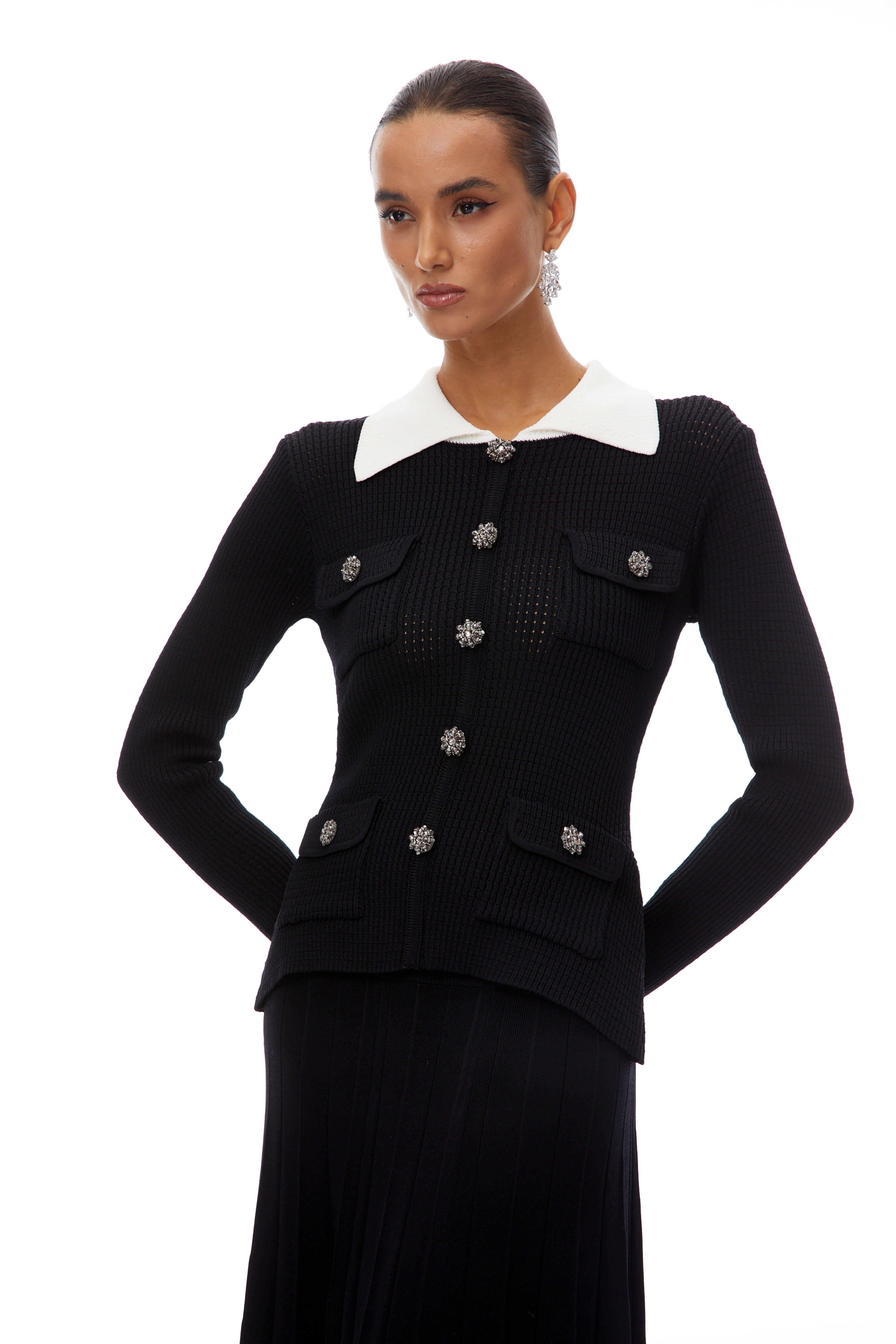 Esmée Black Embellished Pleated Knit Maxi Dress