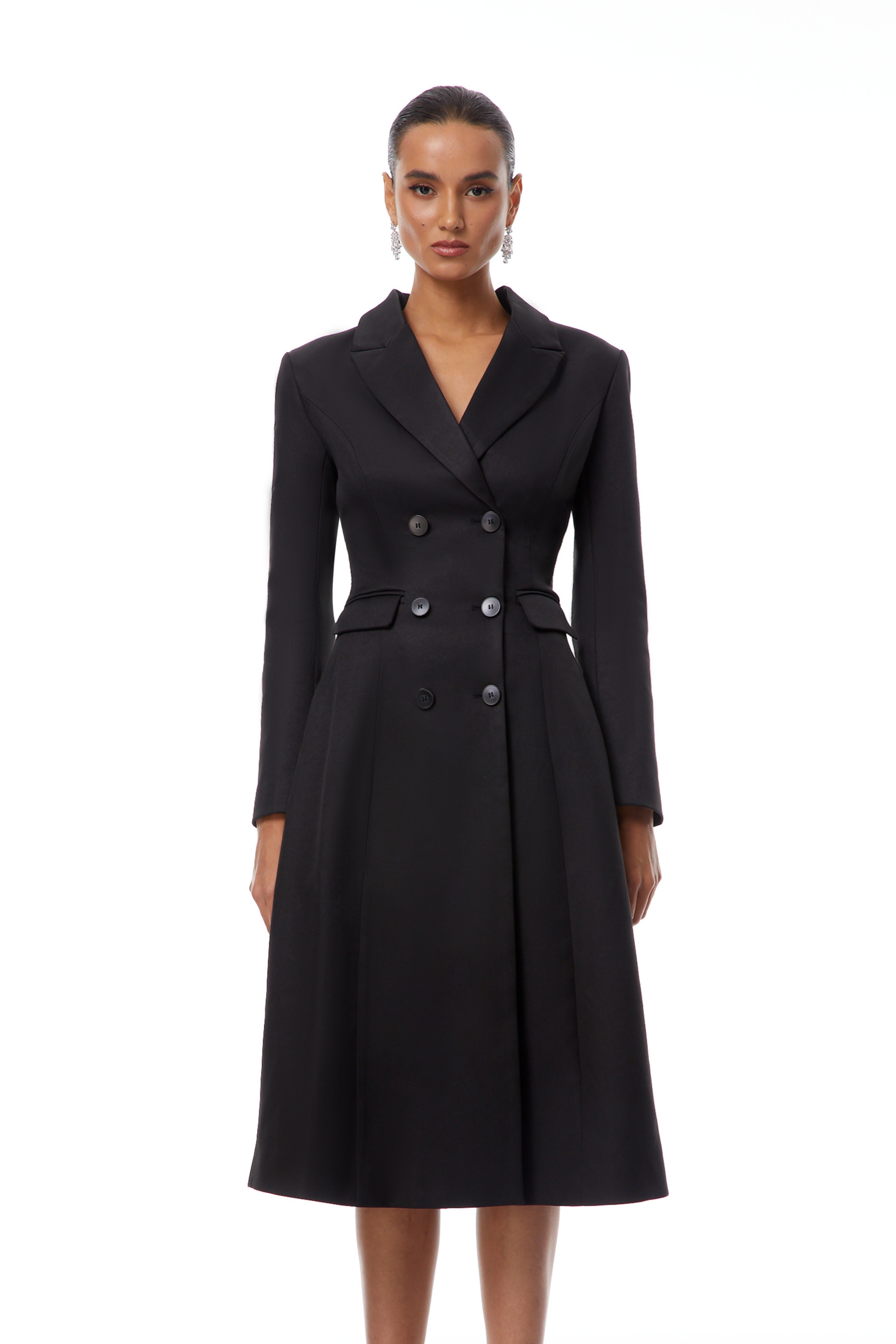 Ortensia Black Double-Breasted Coat Inspired Midi Dress