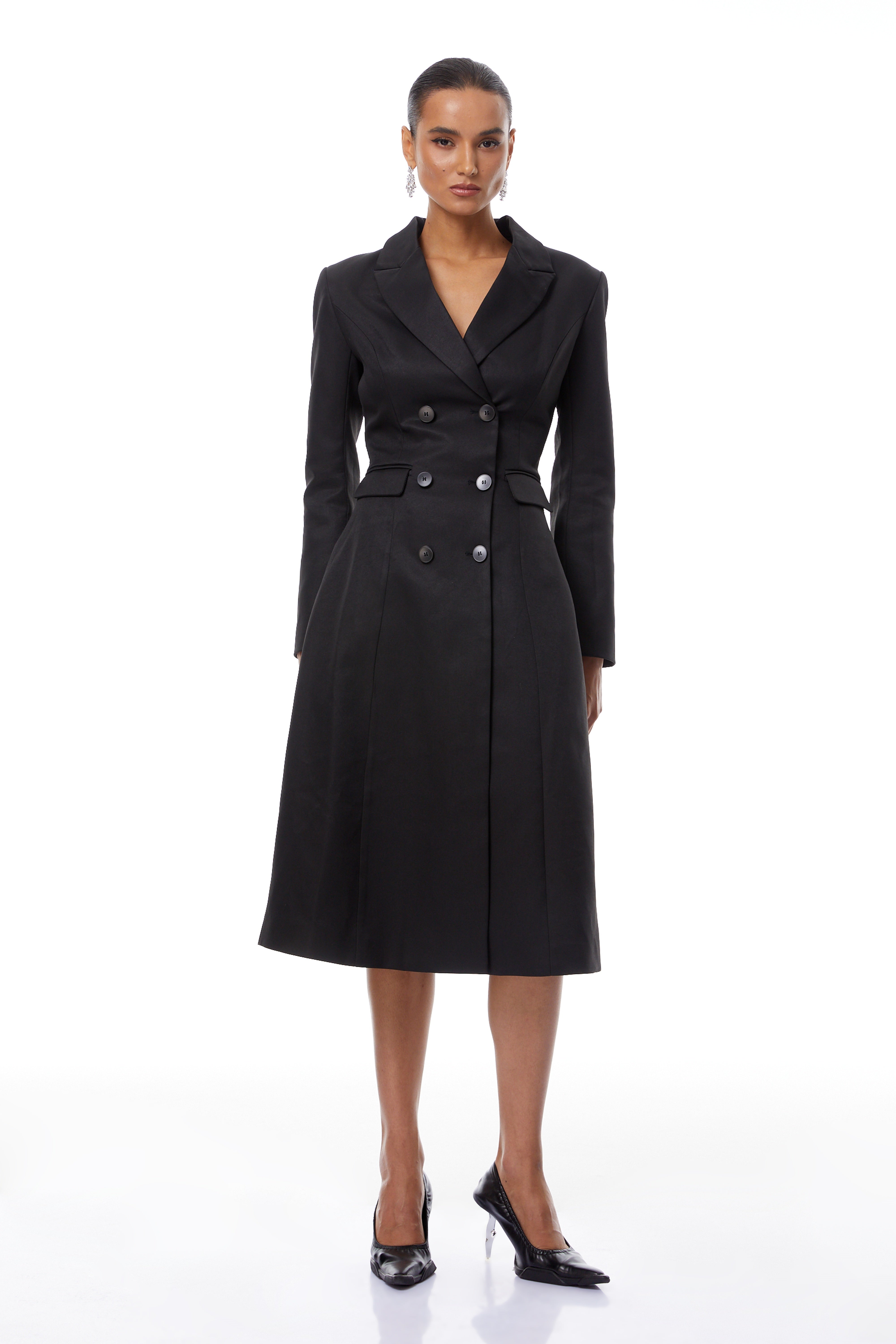 Ortensia Black Double-Breasted Coat Inspired Midi Dress