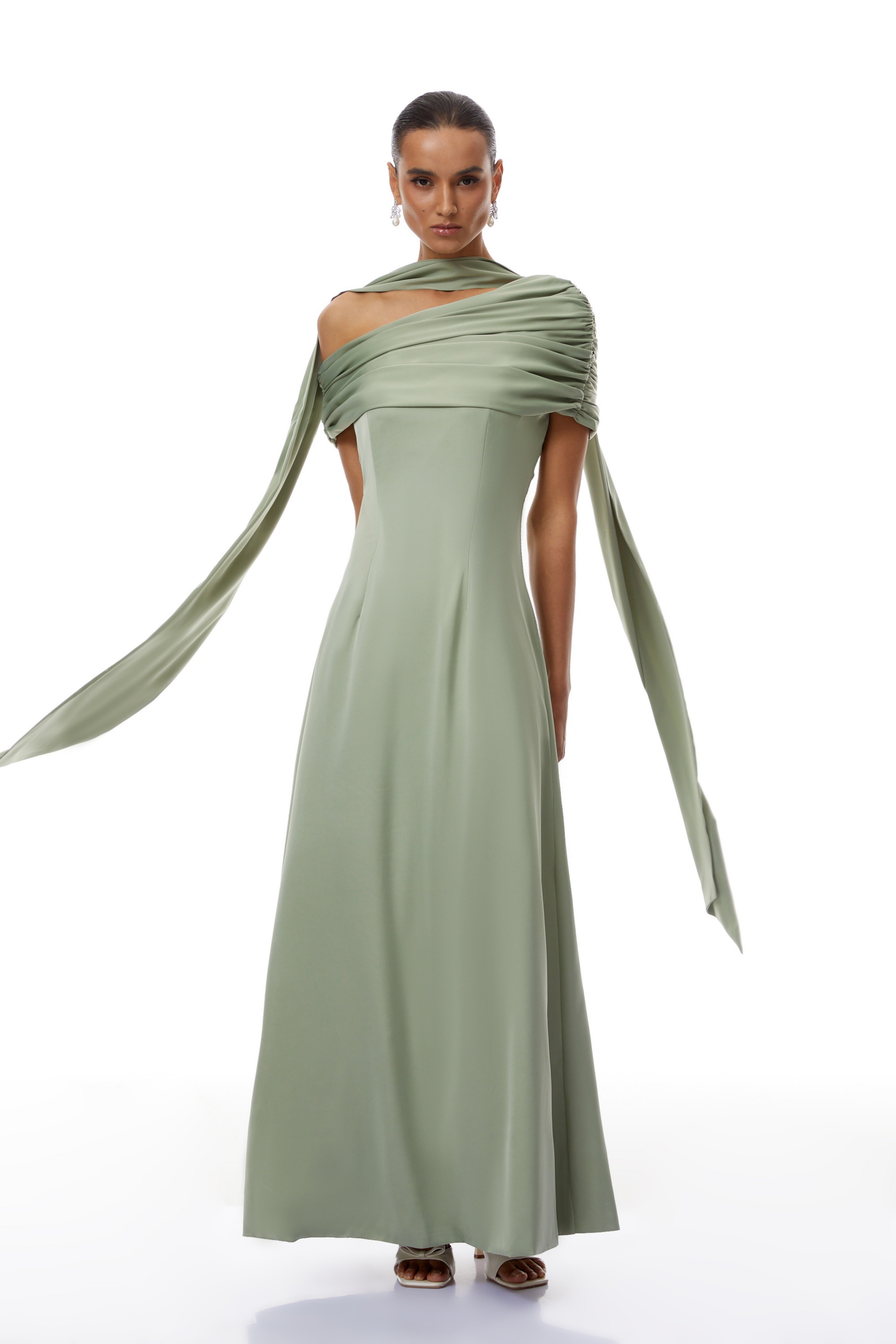 Green One Shoulder Satin Maxi Dress