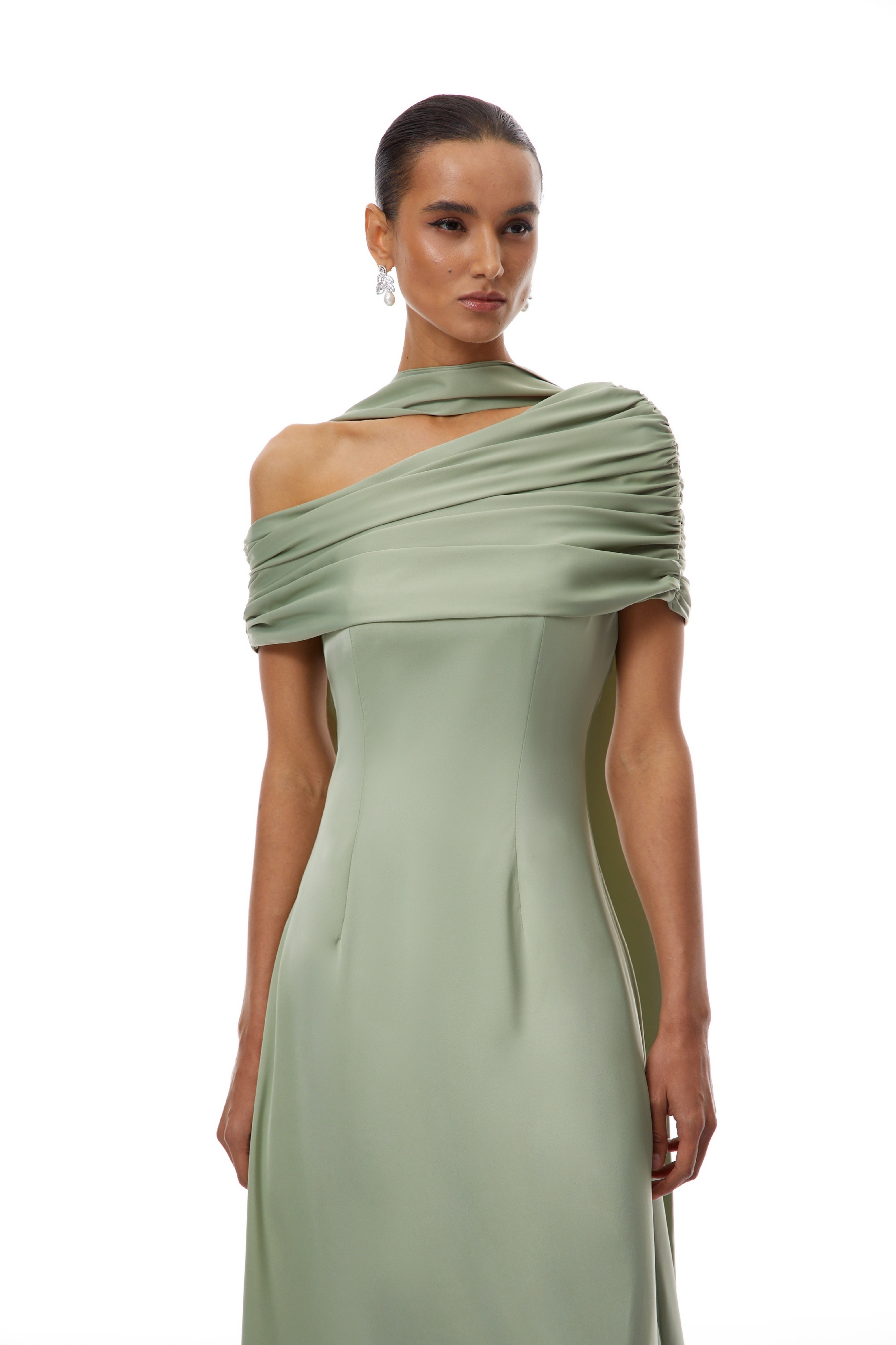 Green One Shoulder Satin Maxi Dress