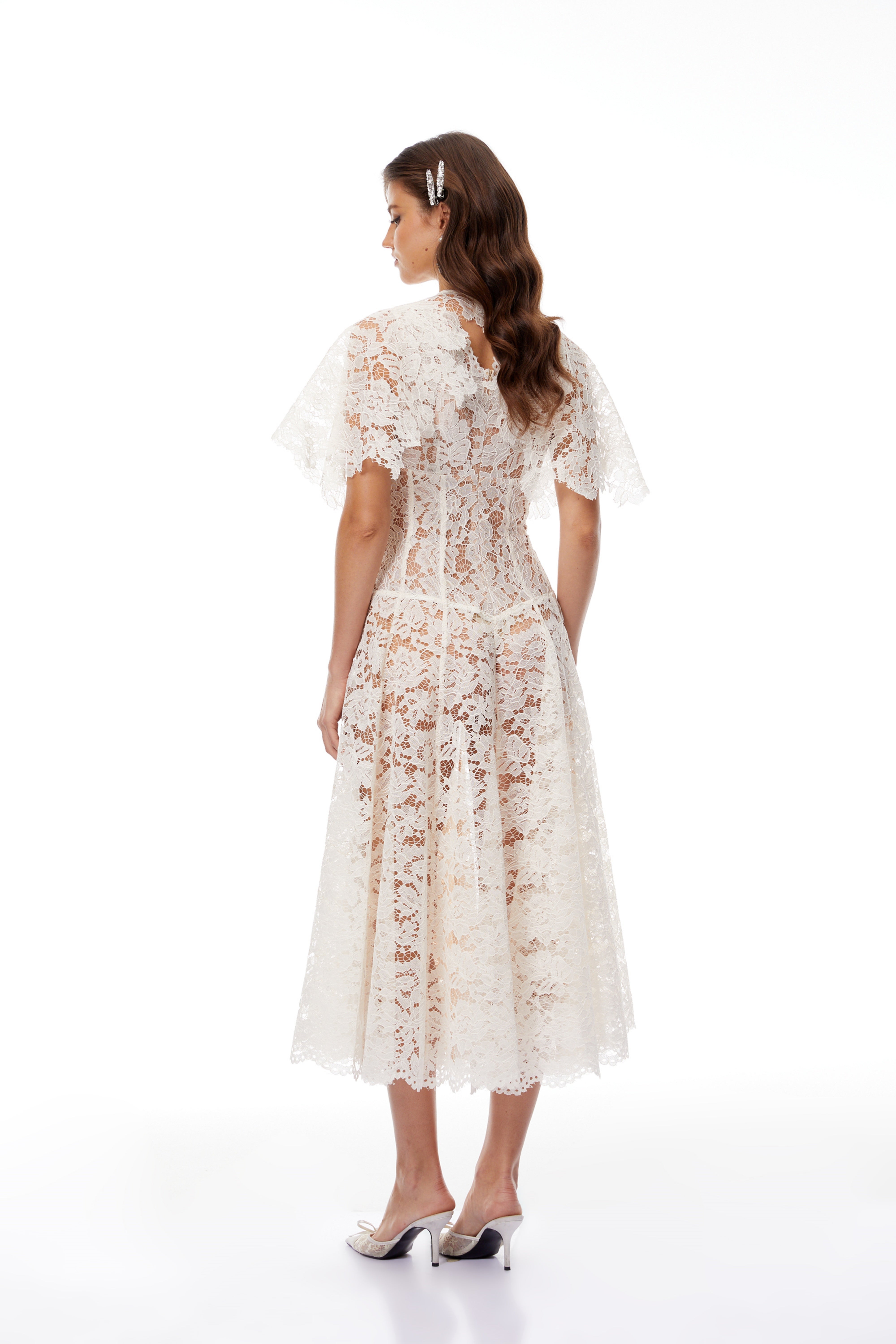 Alaia White Cape Design Floral Lace Midi Dress