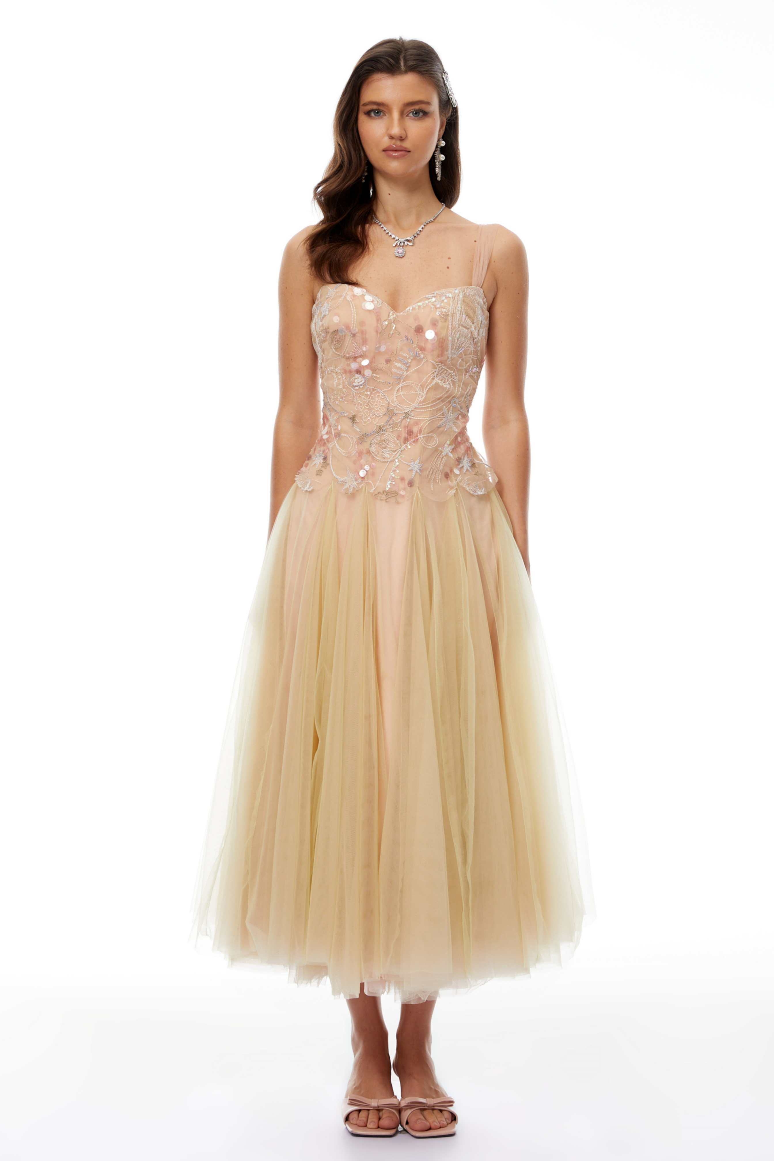 Remi Neutral Sequined Embroidered Tulle Midi Dress