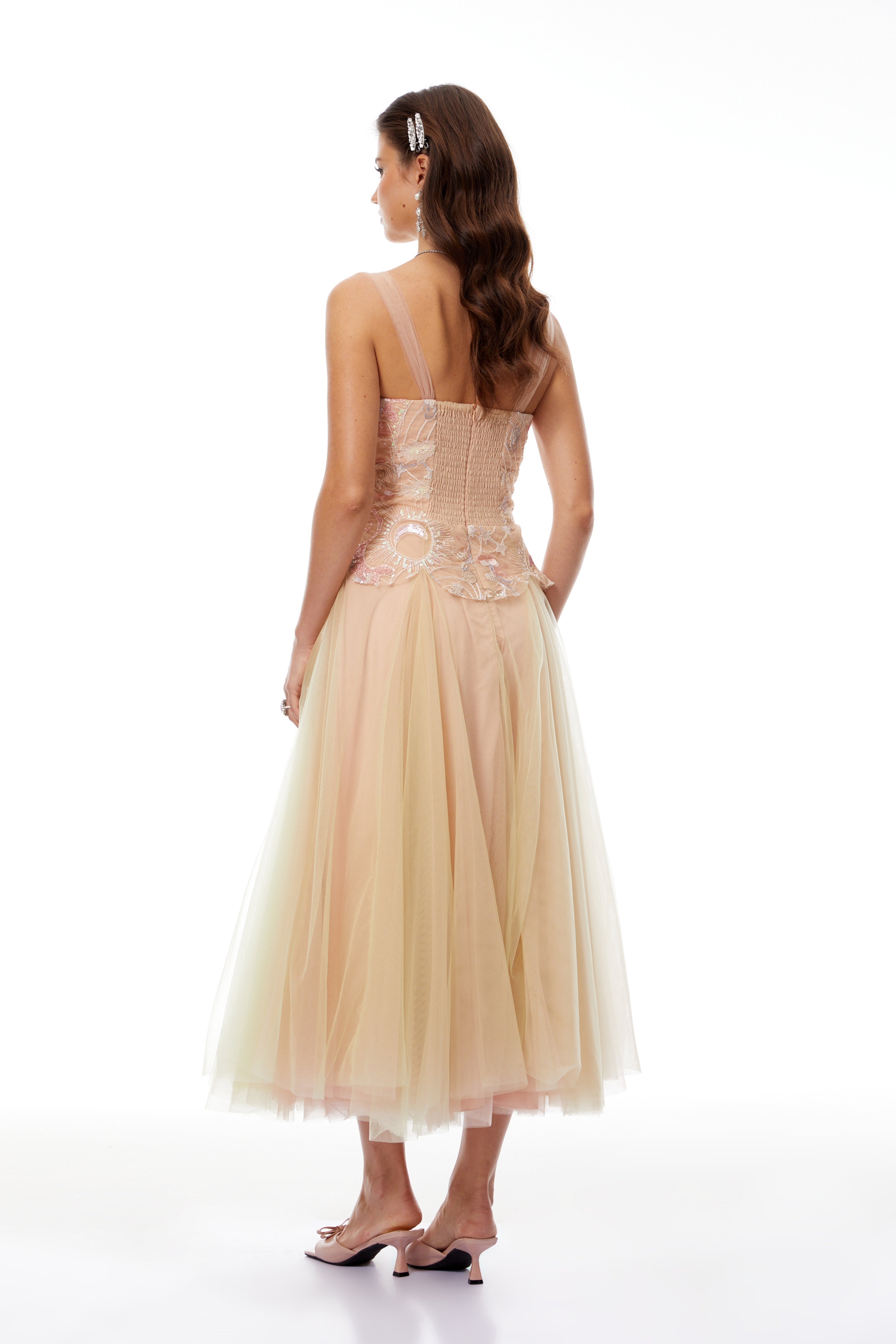 Remi Neutral Sequined Embroidered Tulle Midi Dress