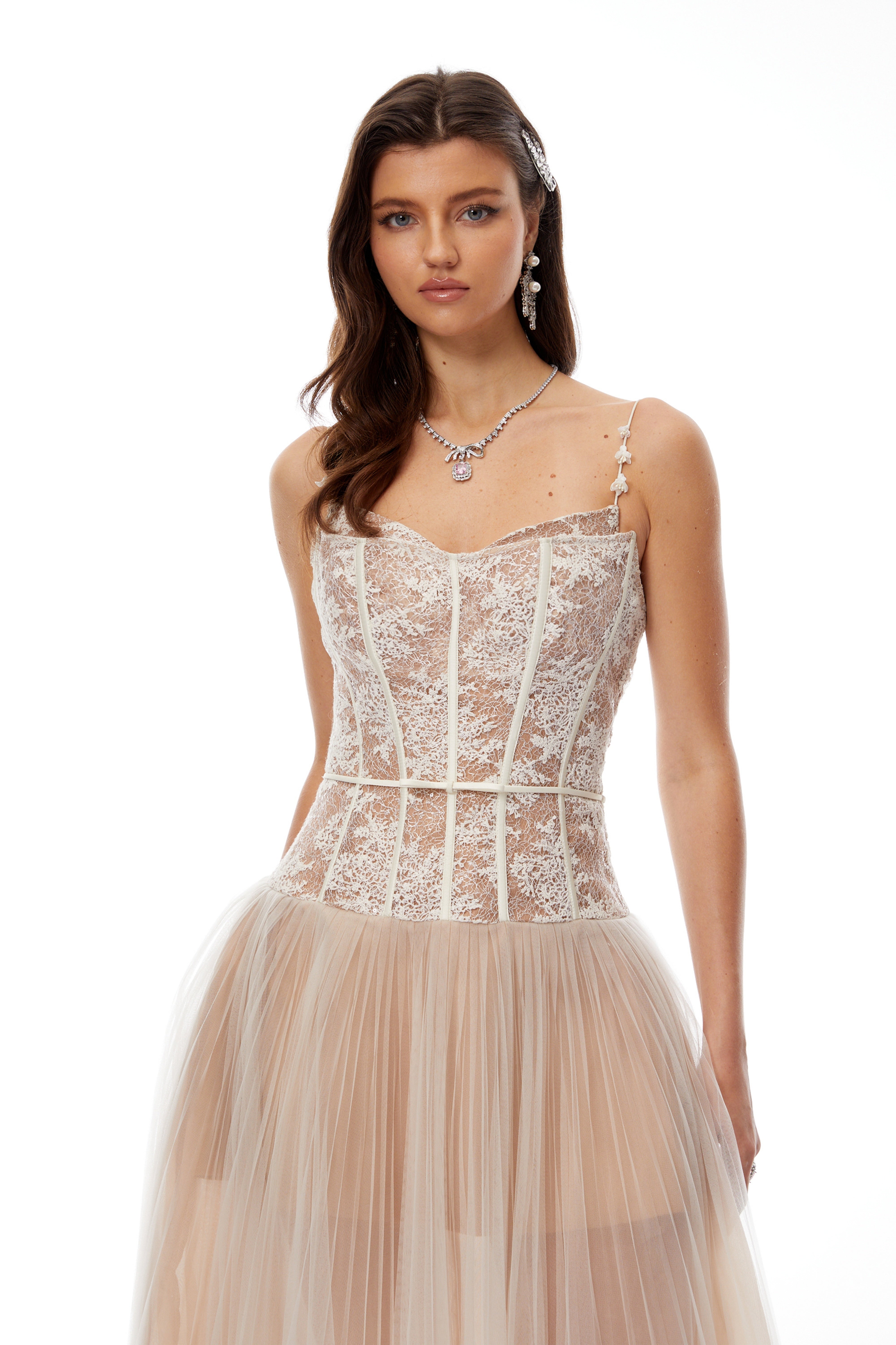 Mira Neutrals Lace Panel Tulle Midi Dress