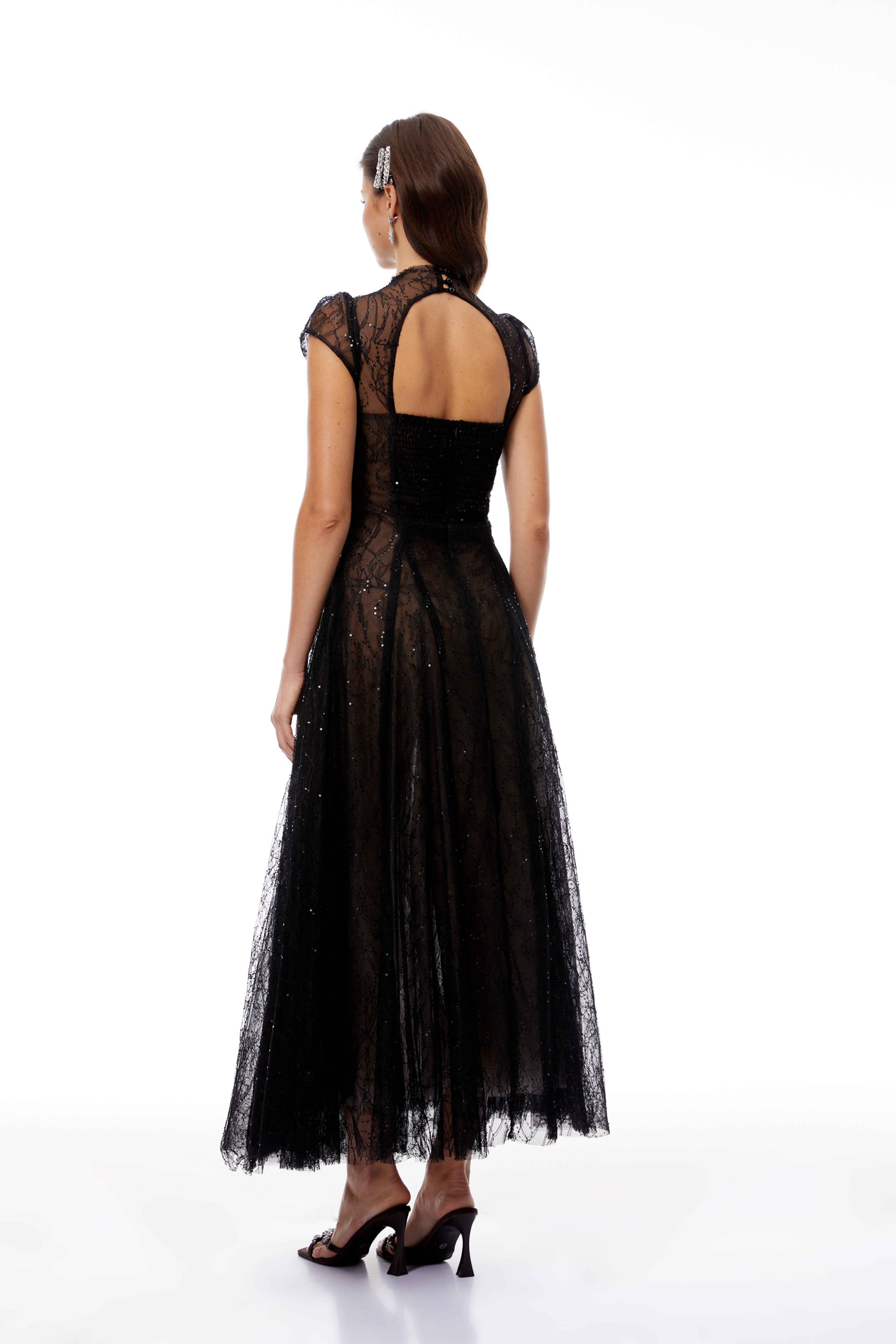 Velia Black Lace Glitter Tulle Maxi Gown