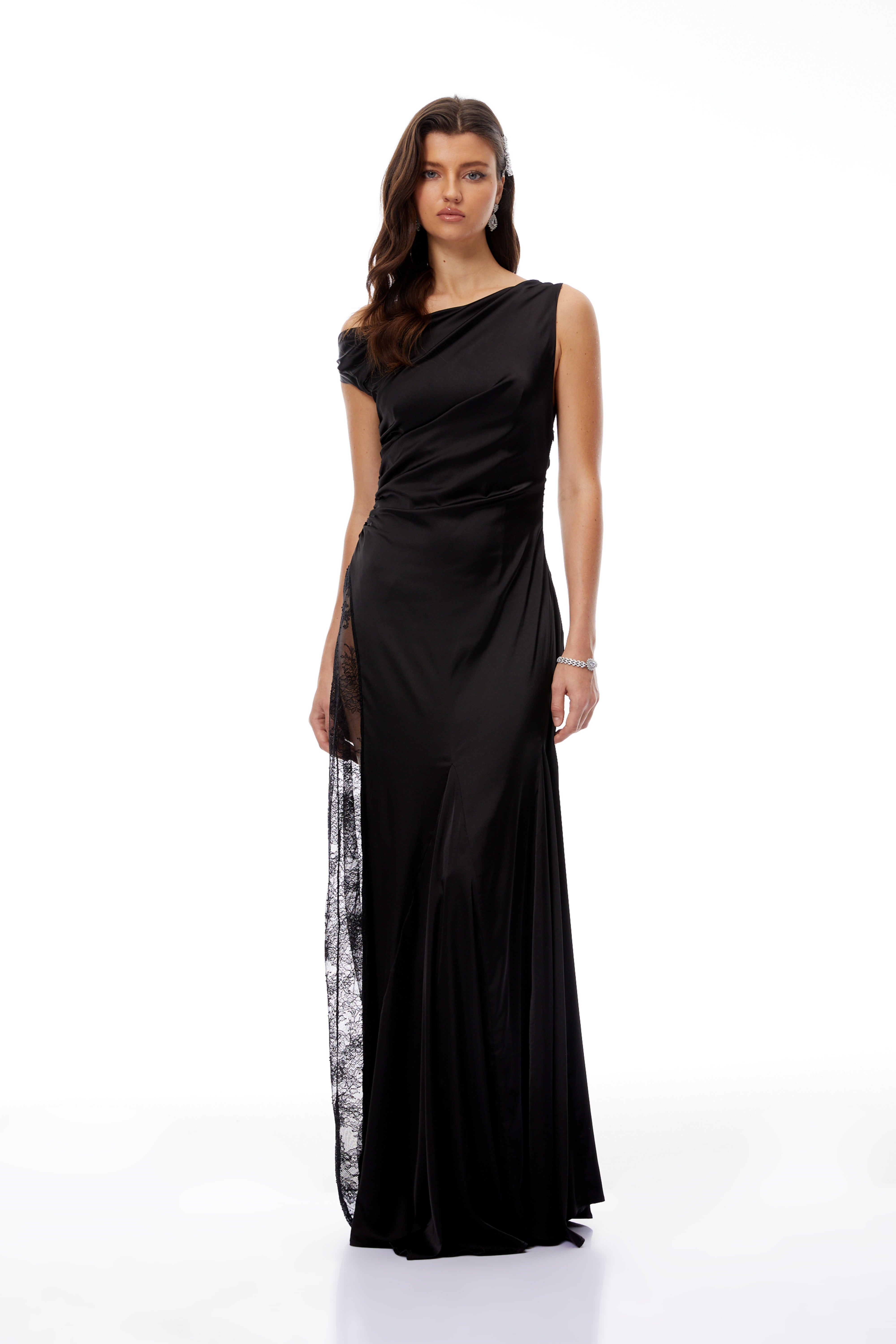 Hazel Black Lace Panel Satin Maxi Dress