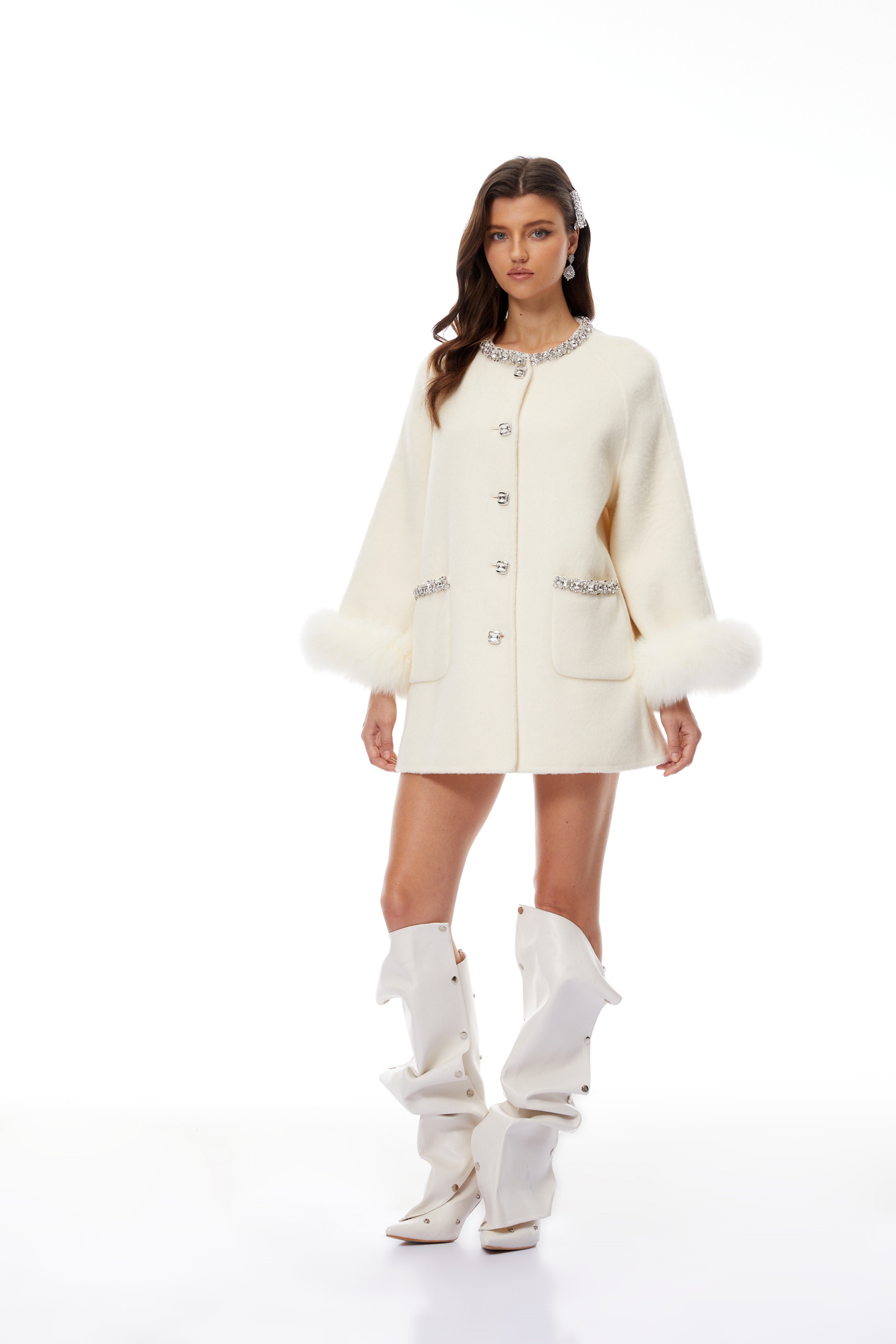 Emersyn White Fur Trim Embellished Wool Coat