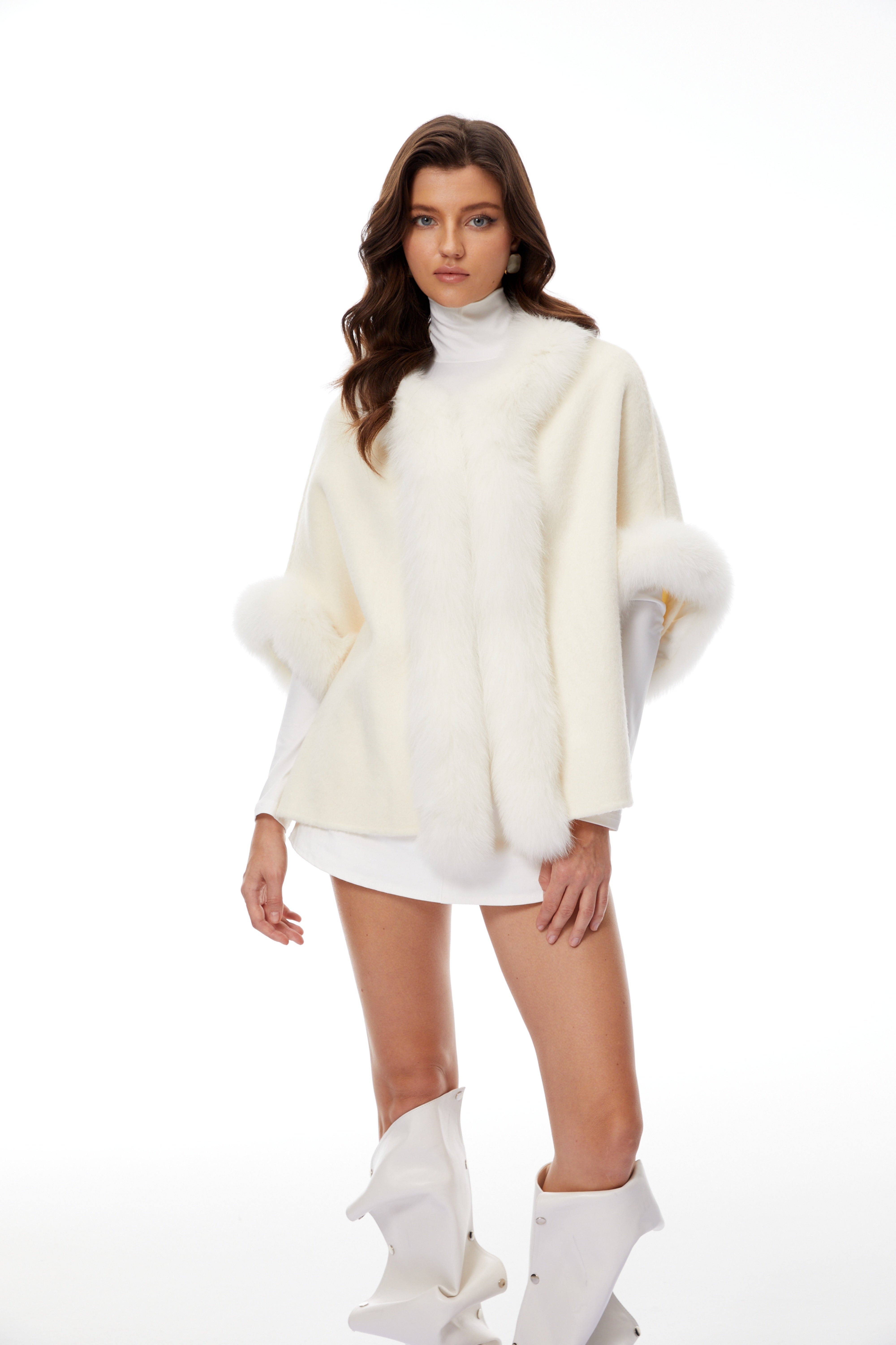 Everleigh White Fur Panel Wool Cape Coat