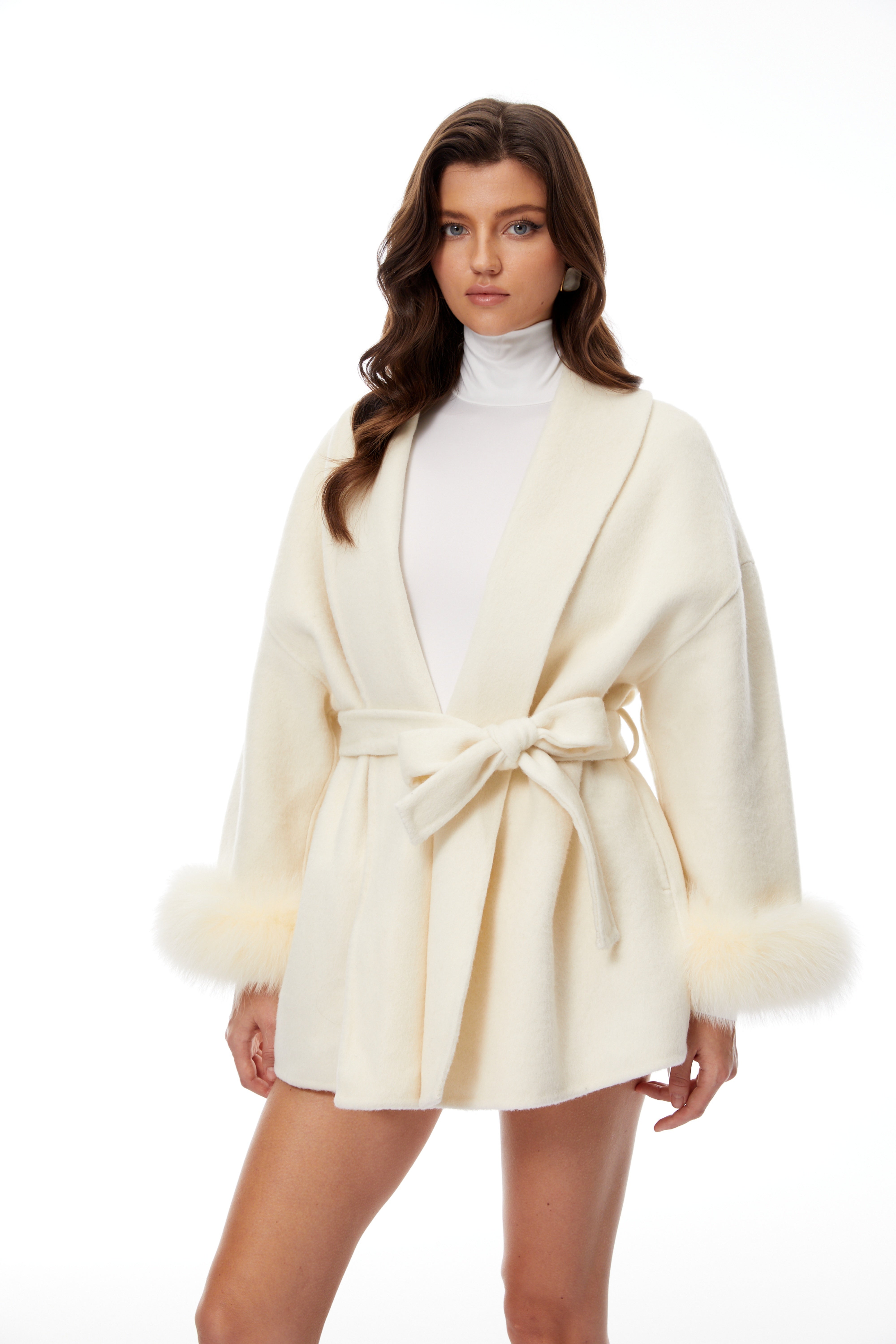 Anine Cream Fur Trim Belted Wool Coat