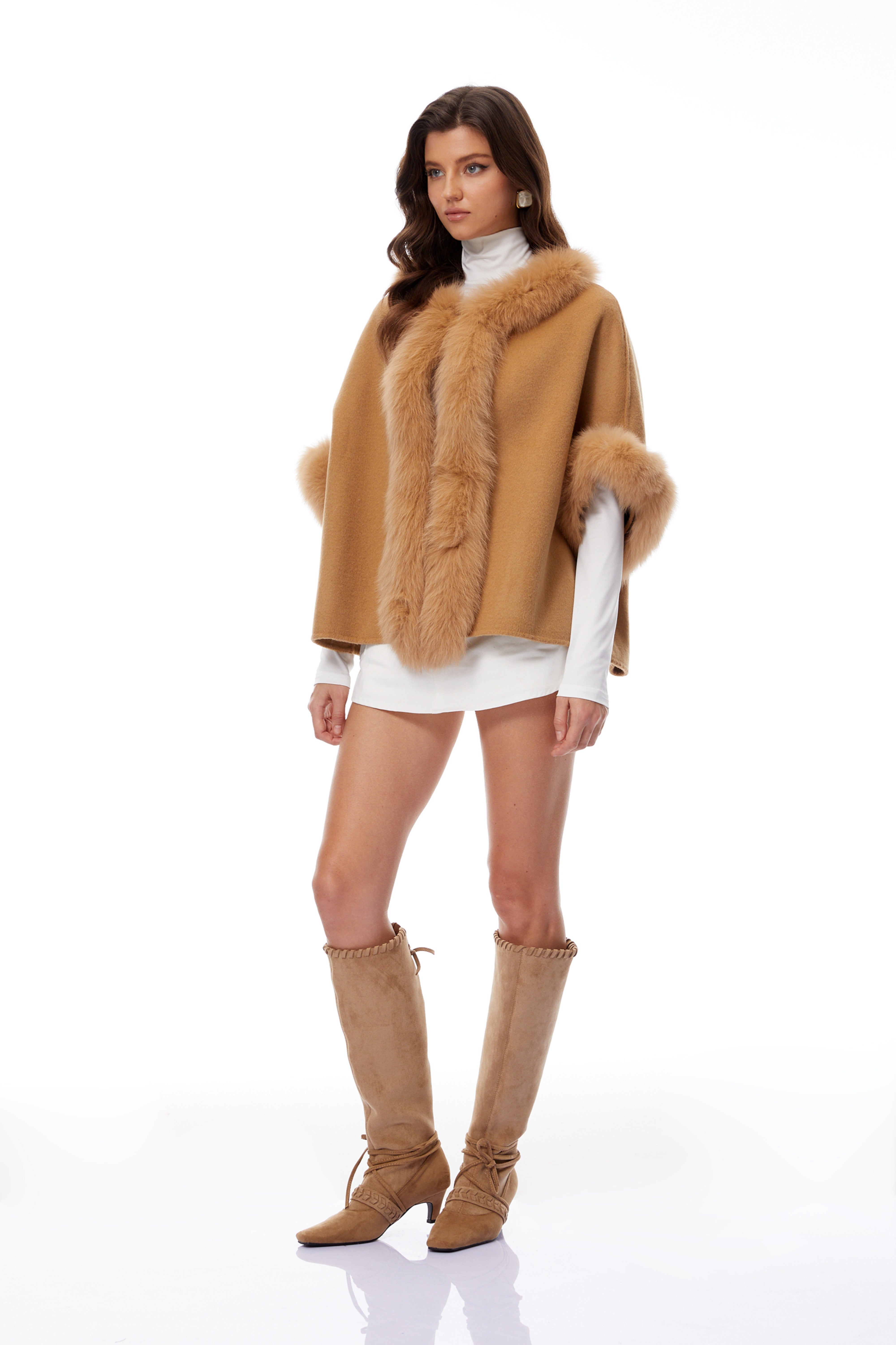 Everleigh Light Brown Fur Panel Wool Cape Coat