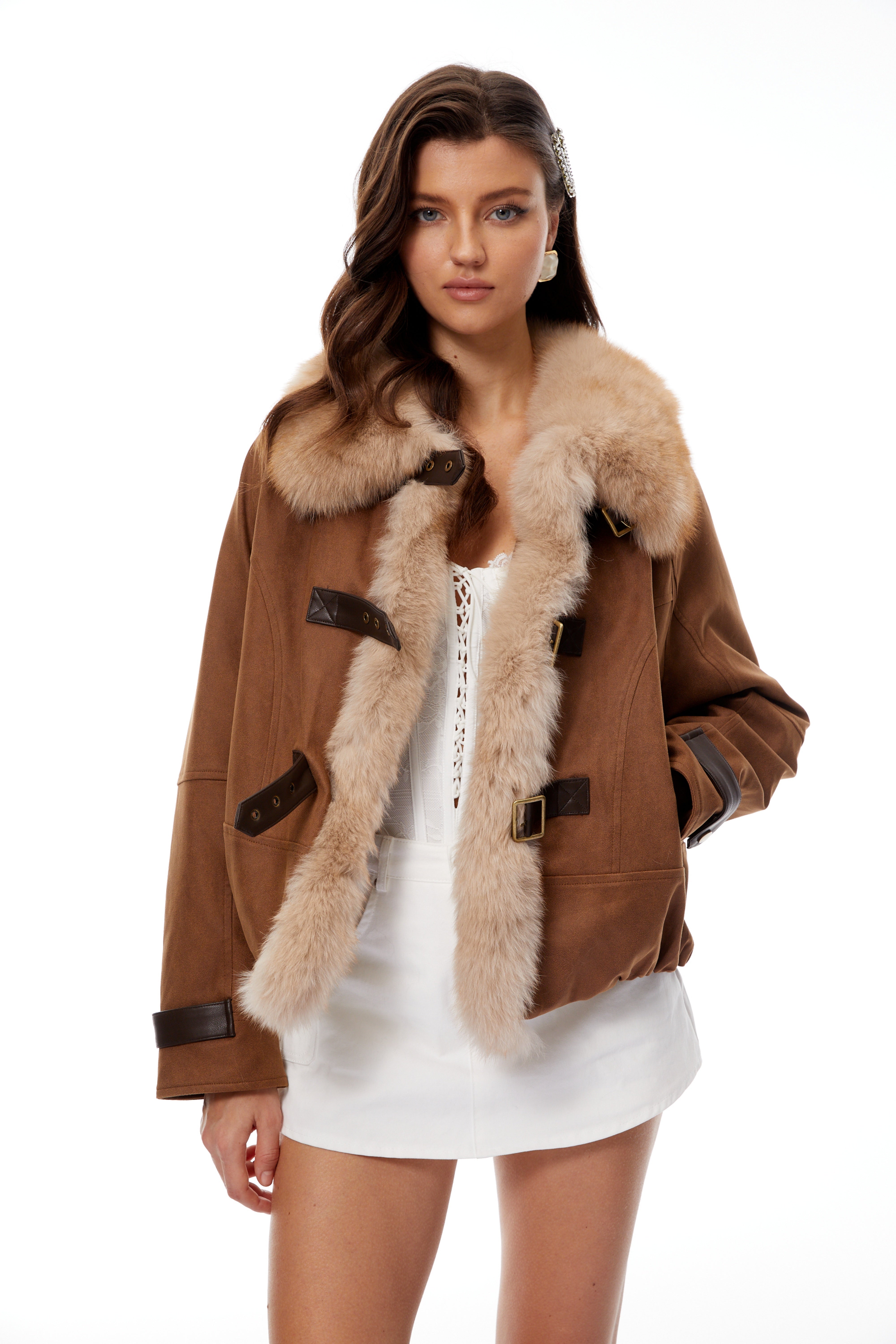Sloane Camel Brown Fur Panel Padded Jacket