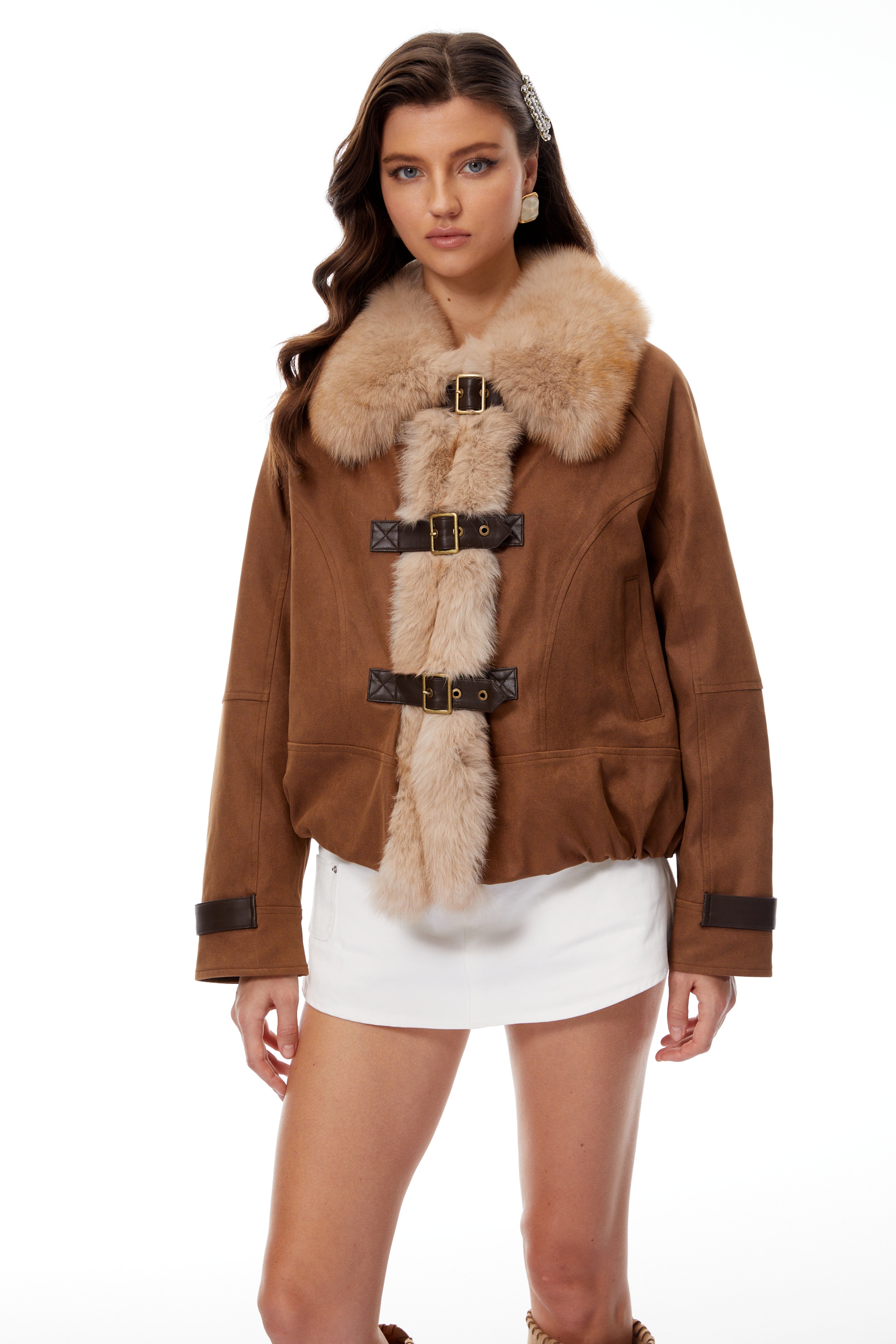 Sloane Camel Brown Fur Panel Padded Jacket