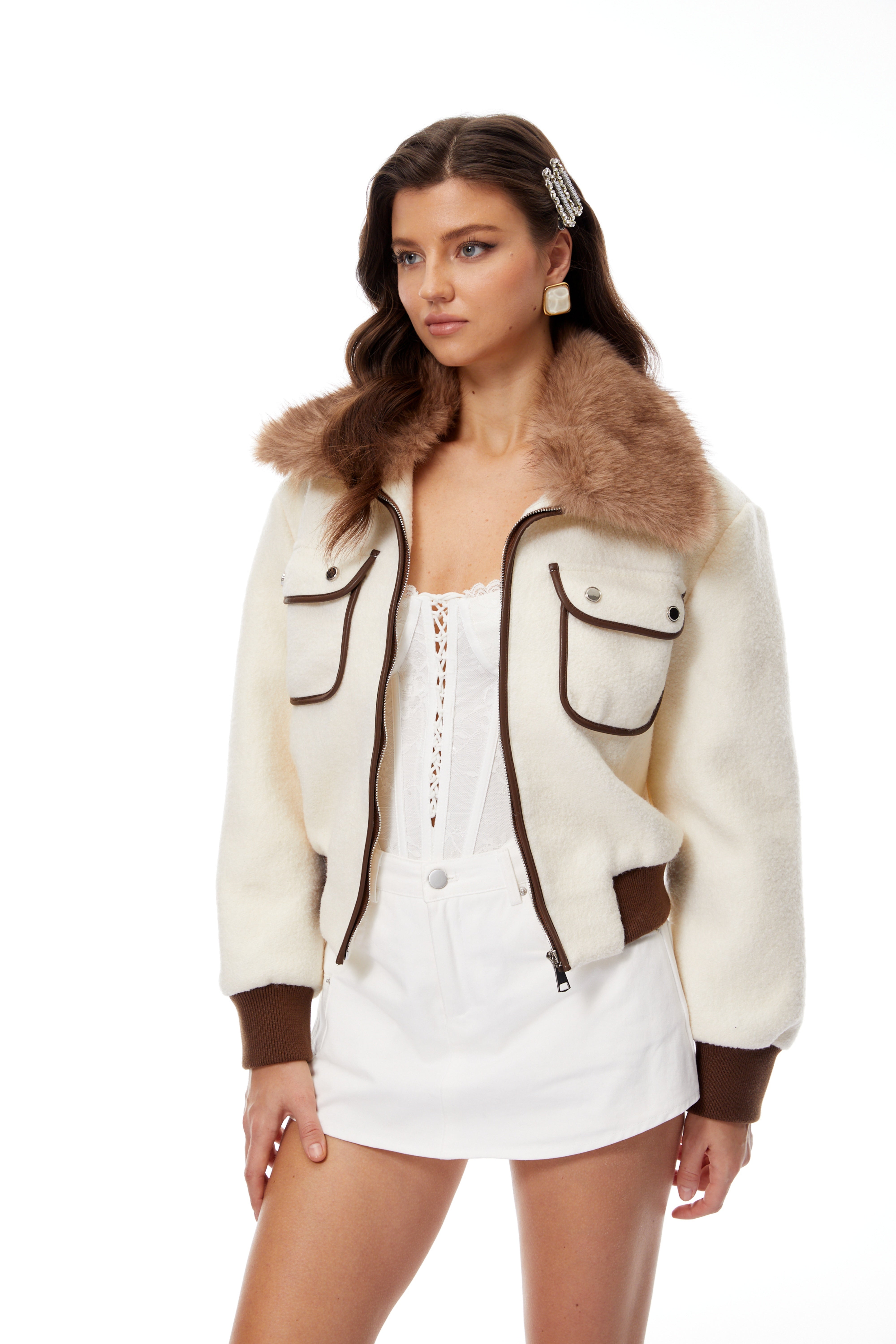Olaya White Fur Lapel Woolen Short Jacket