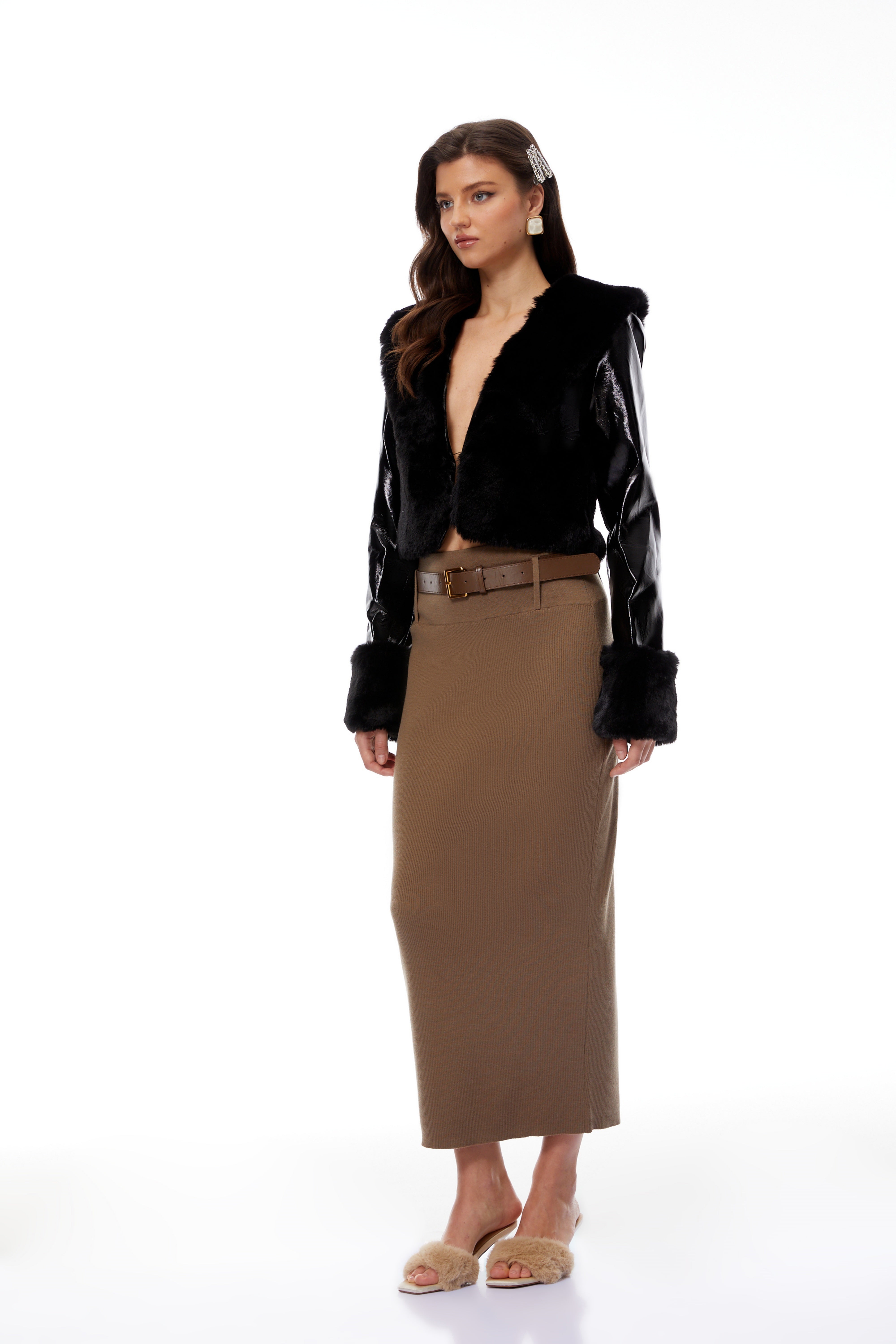 Catherine Black Fur Panel Patent Leather Jacket