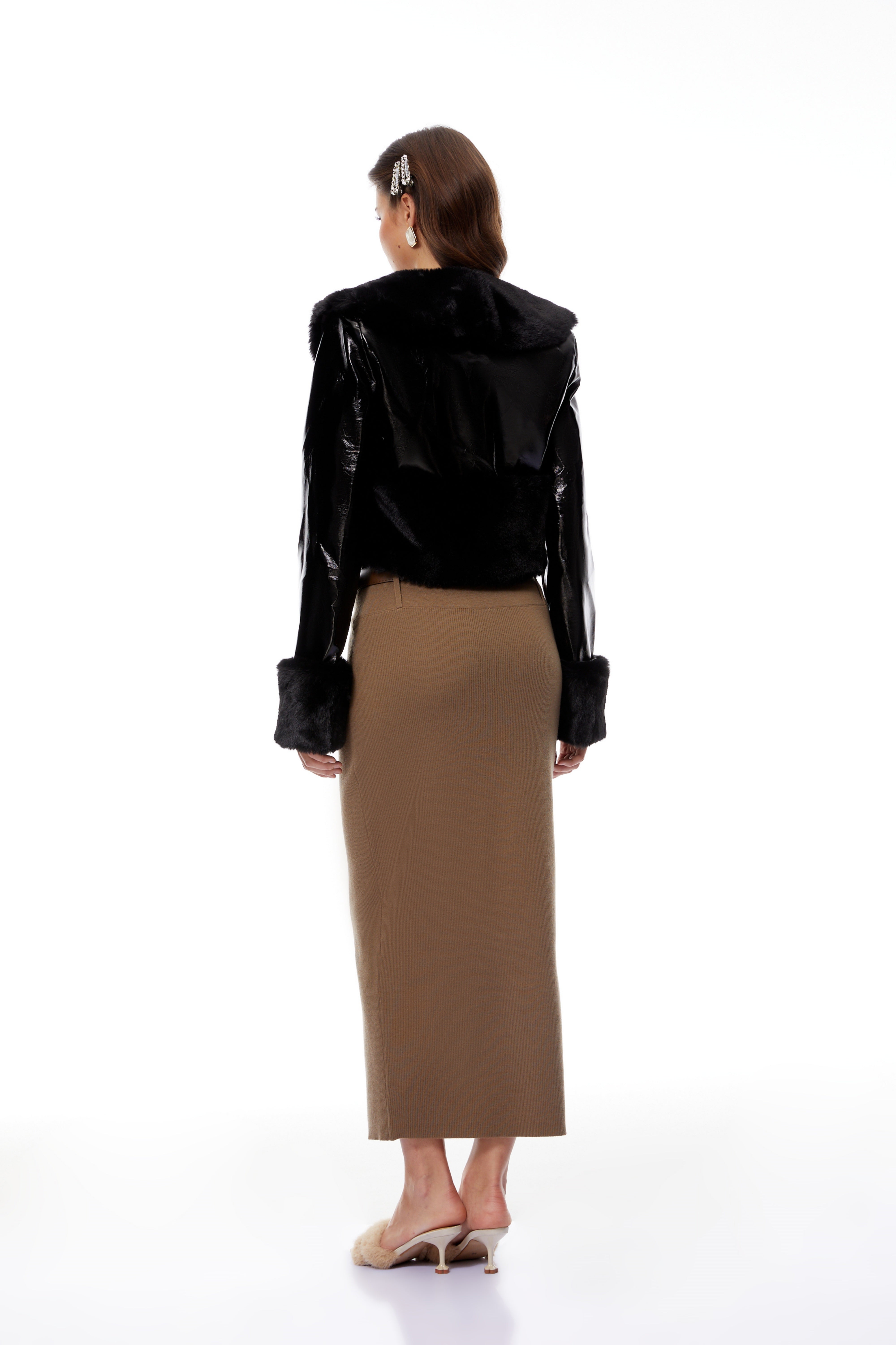 Catherine Black Fur Panel Patent Leather Jacket