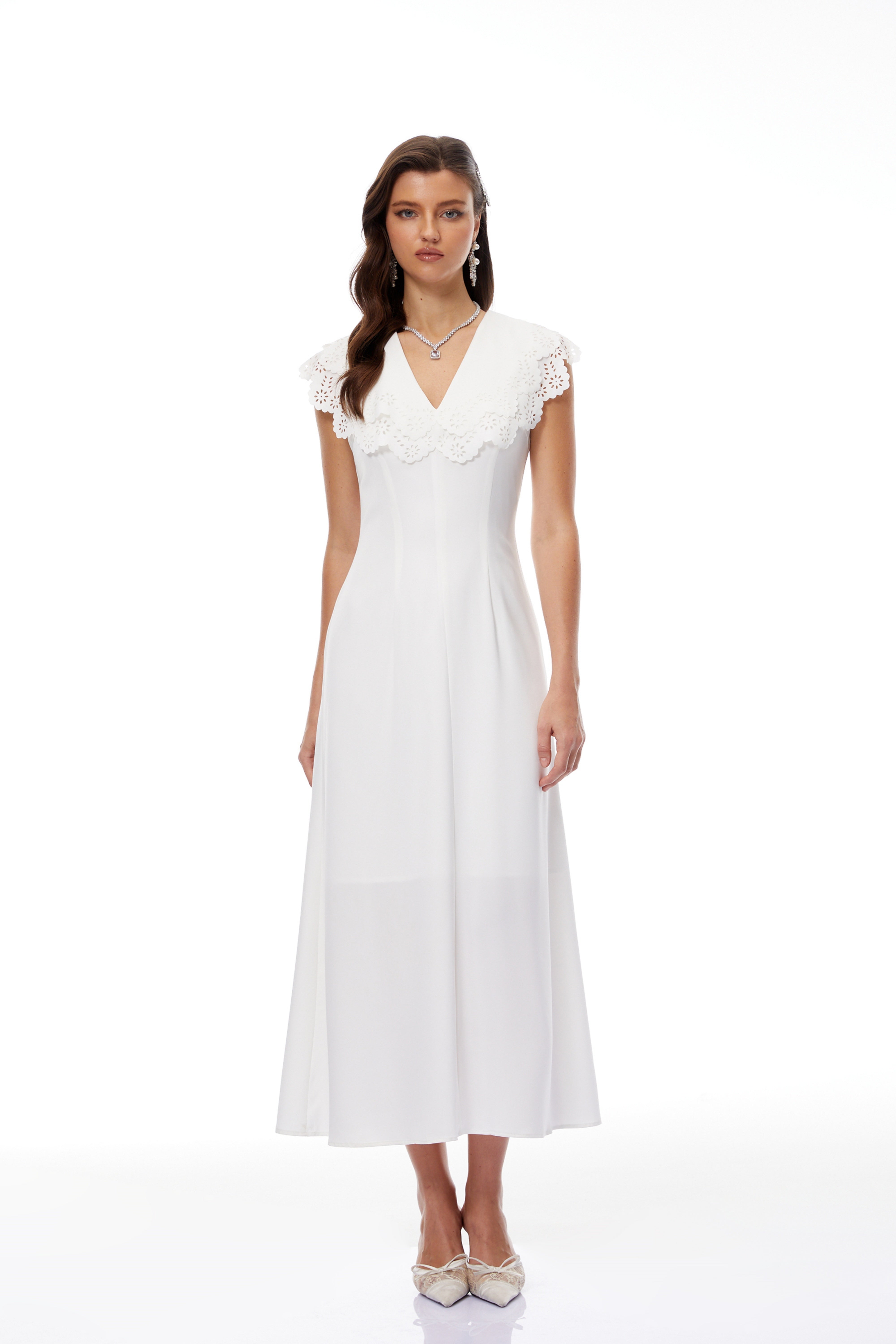 Ashley White Lace Trim Midi Dress