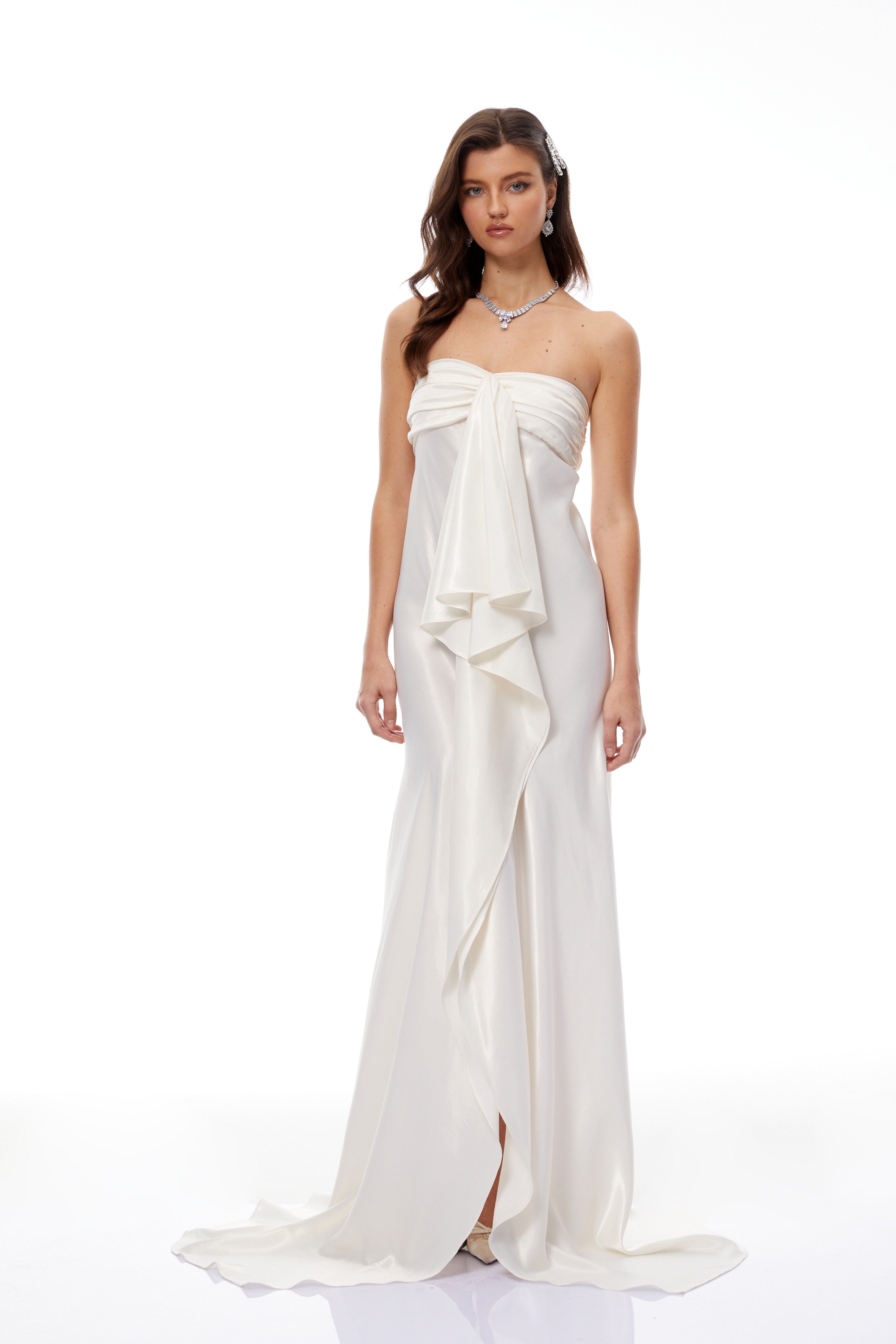 Lilla Beige Strapless Ruffled Satin Maxi Dress