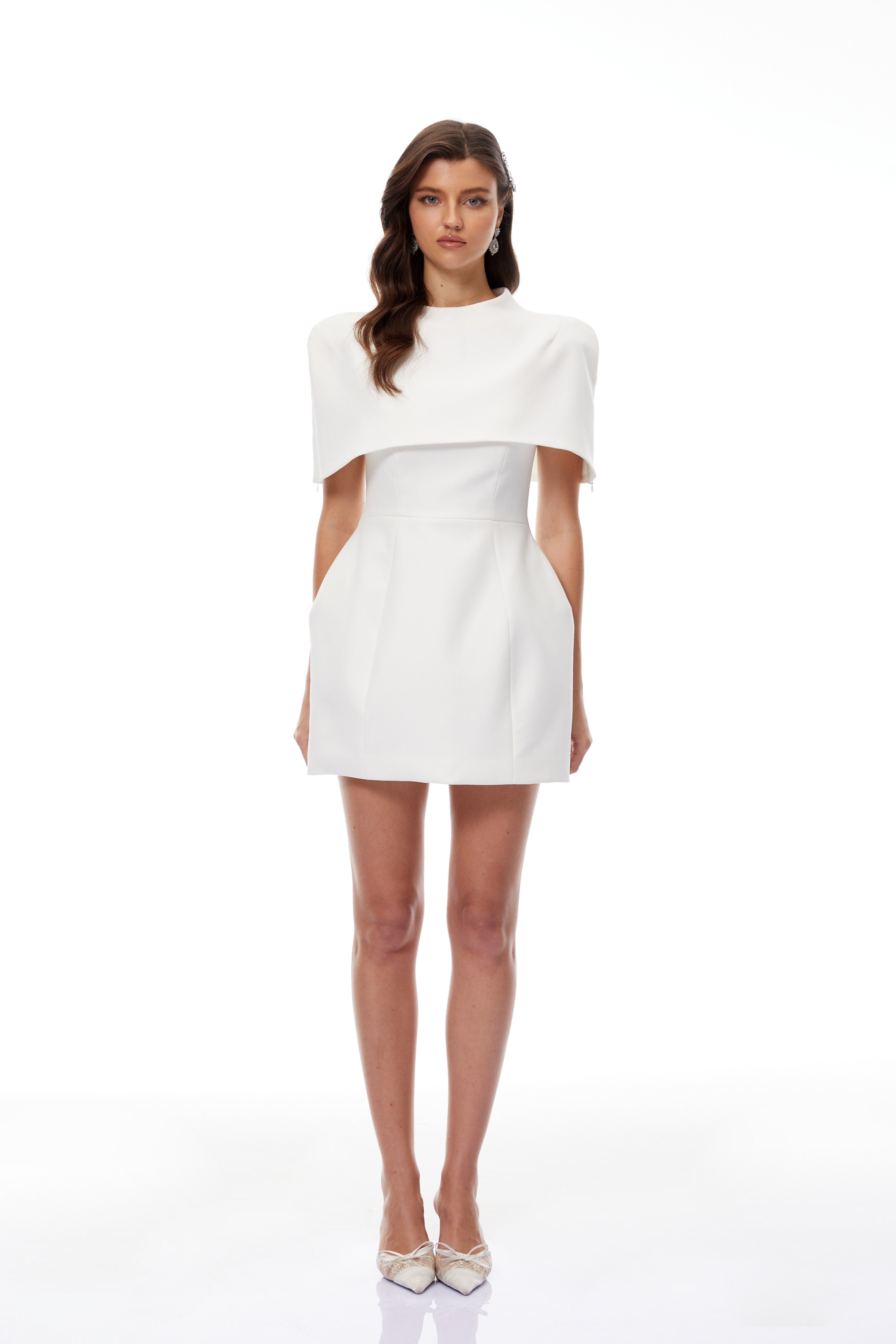 Kristveig White Cape Design Structured Mini Dress