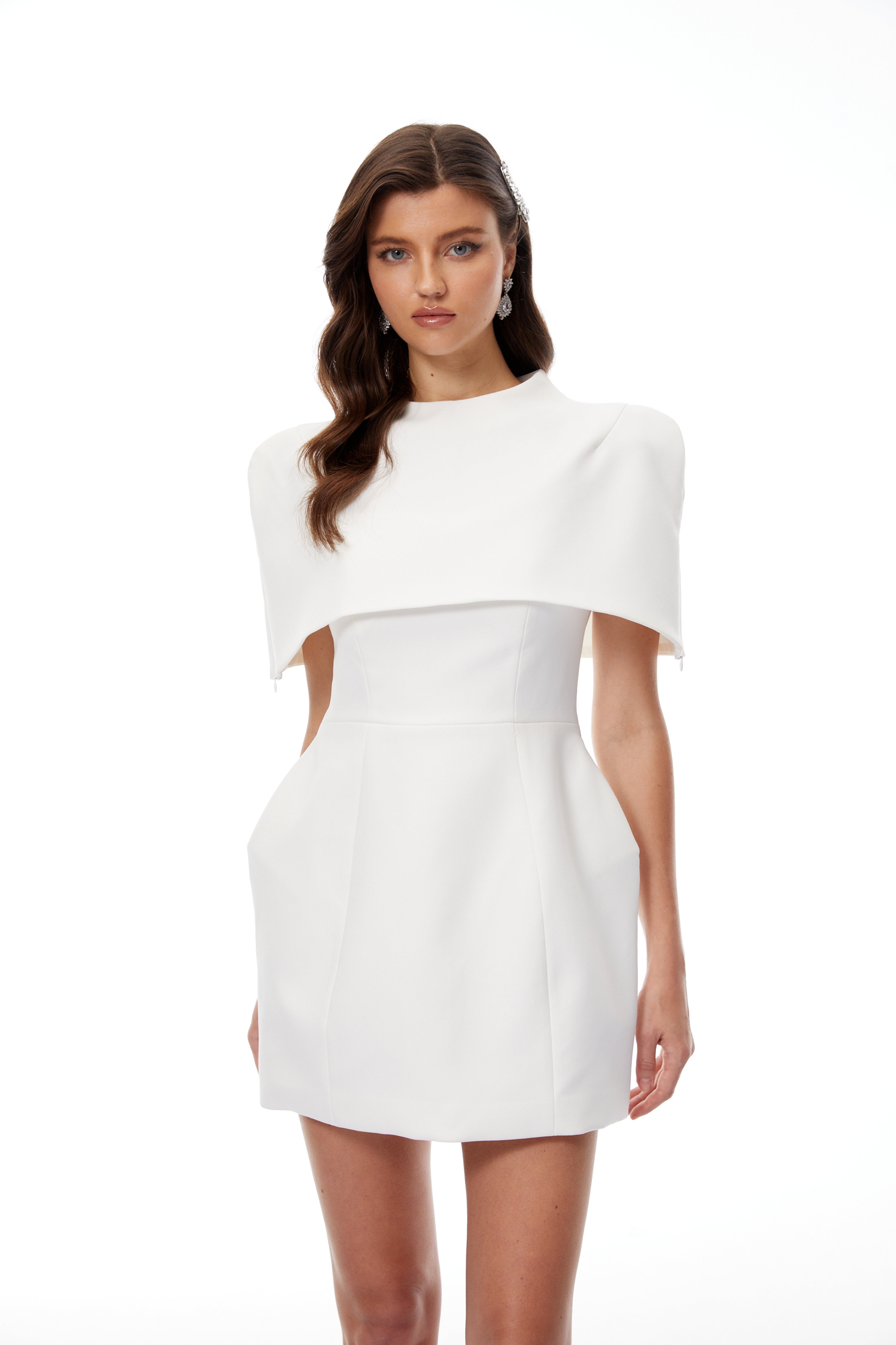 Kristveig White Cape Design Structured Mini Dress
