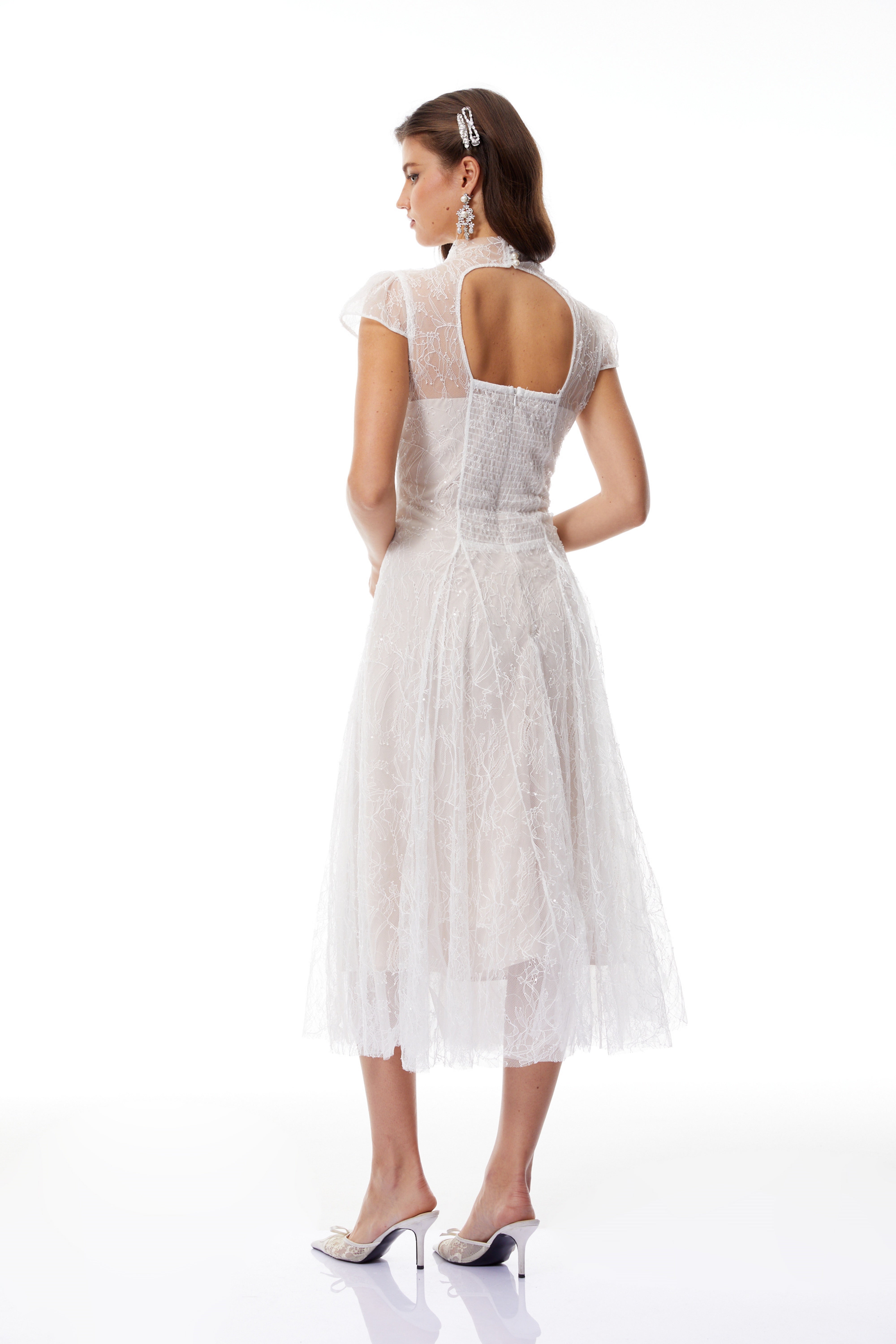 Velia White Lace Glitter Tulle Maxi Gown