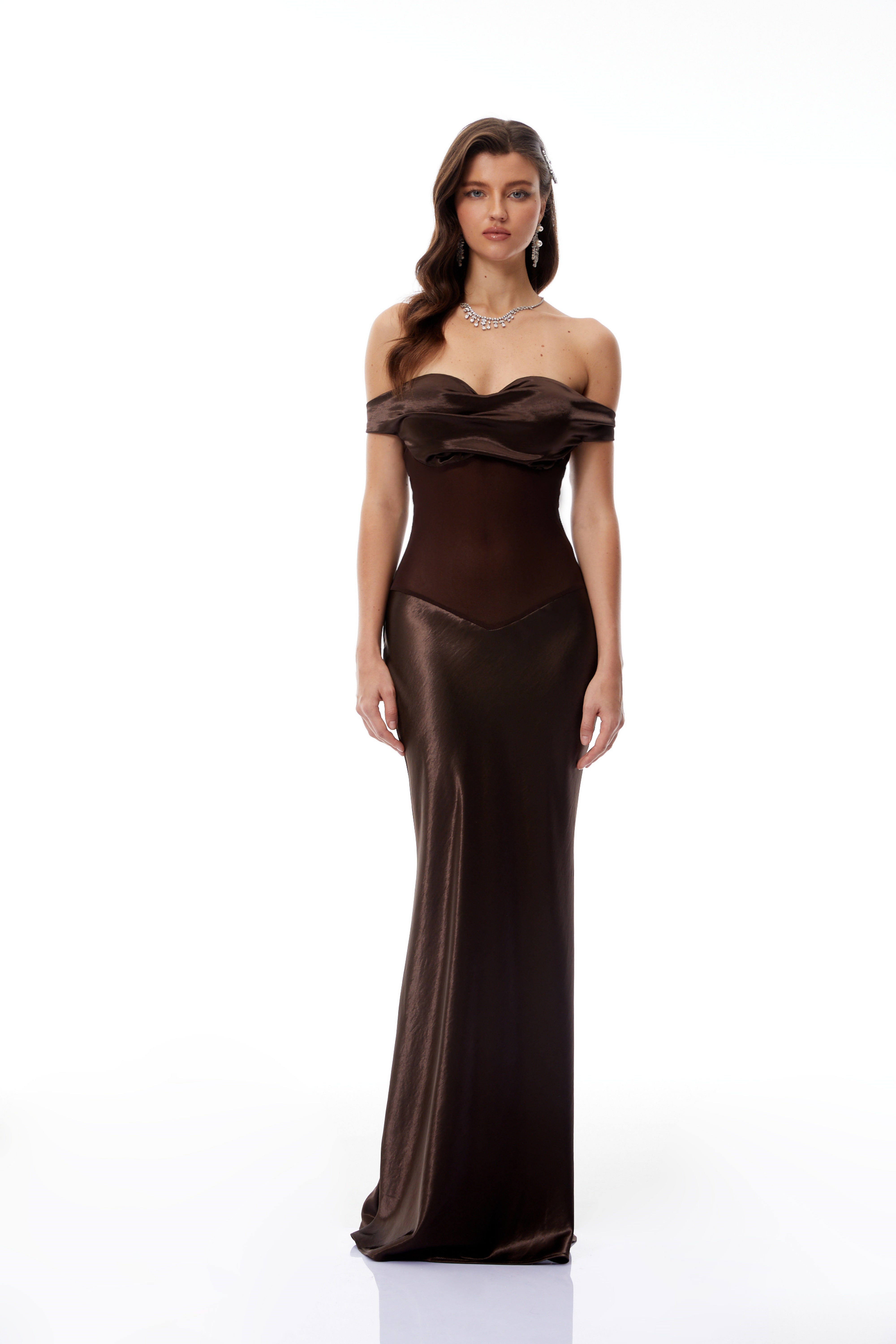 Gitta Brown Off Shoulder Satin Maxi Gown