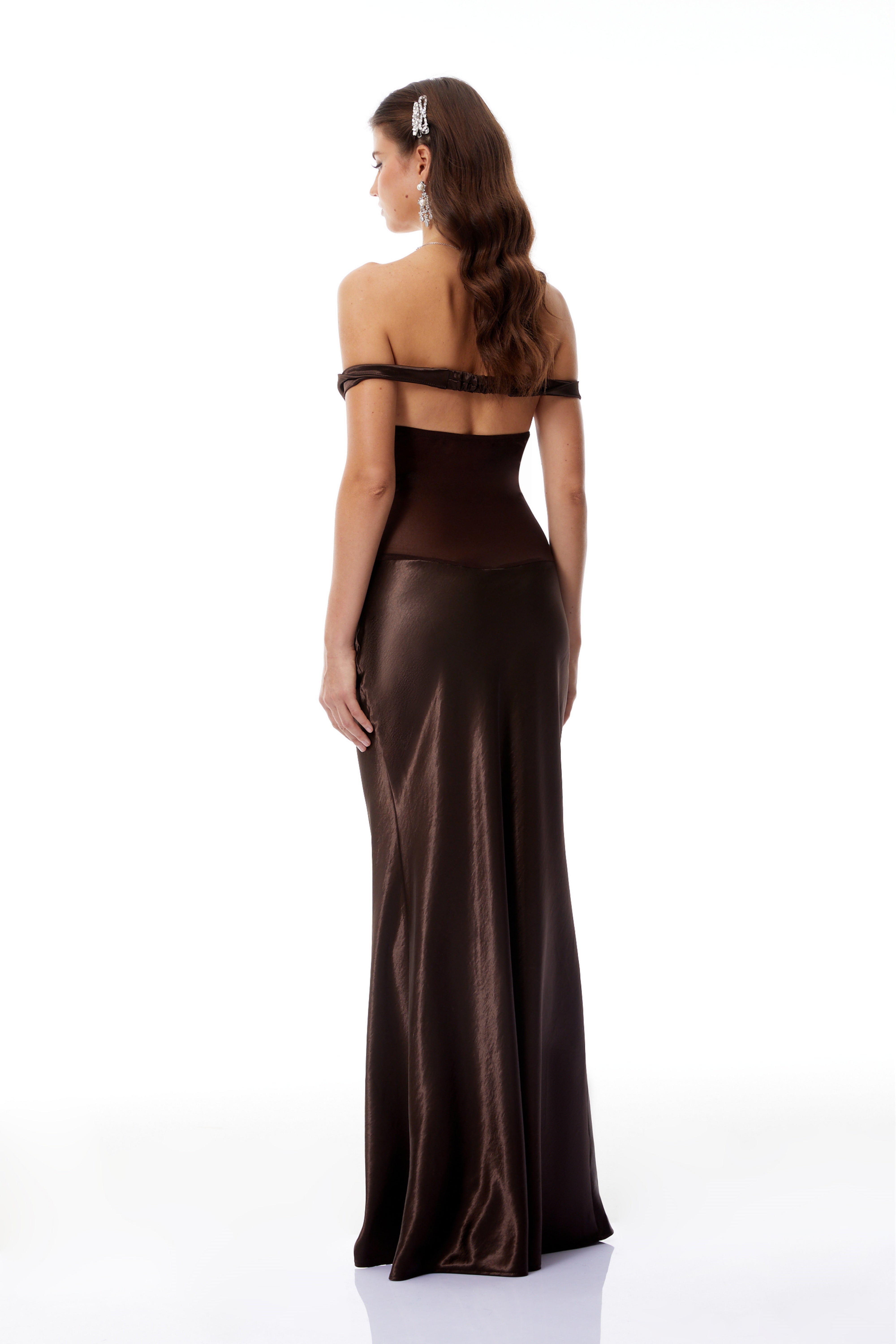 Gitta Brown Off Shoulder Satin Maxi Gown